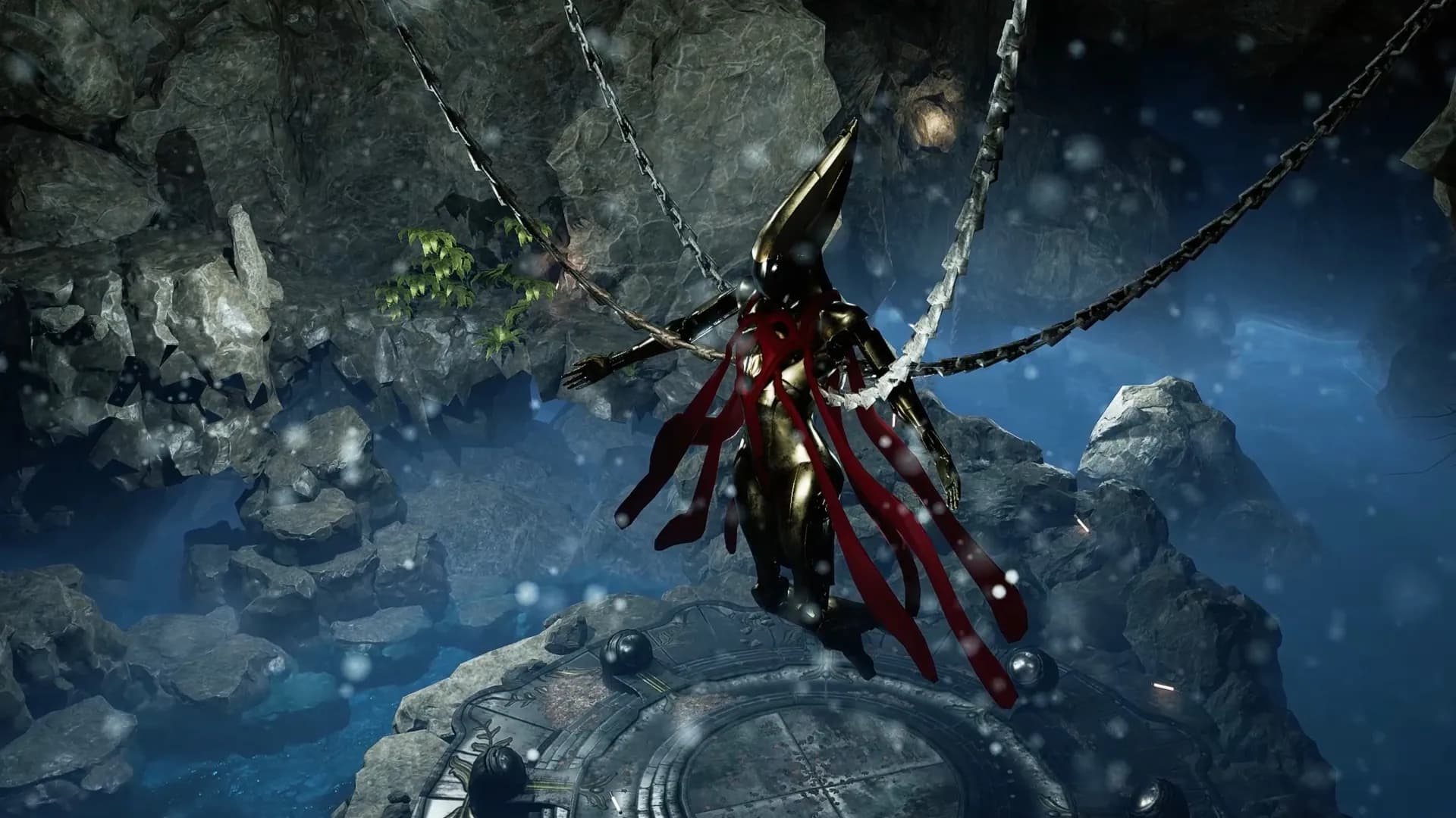 A red-cloaked figure suspended on chains above an underwater cave, motes drifting in blue light