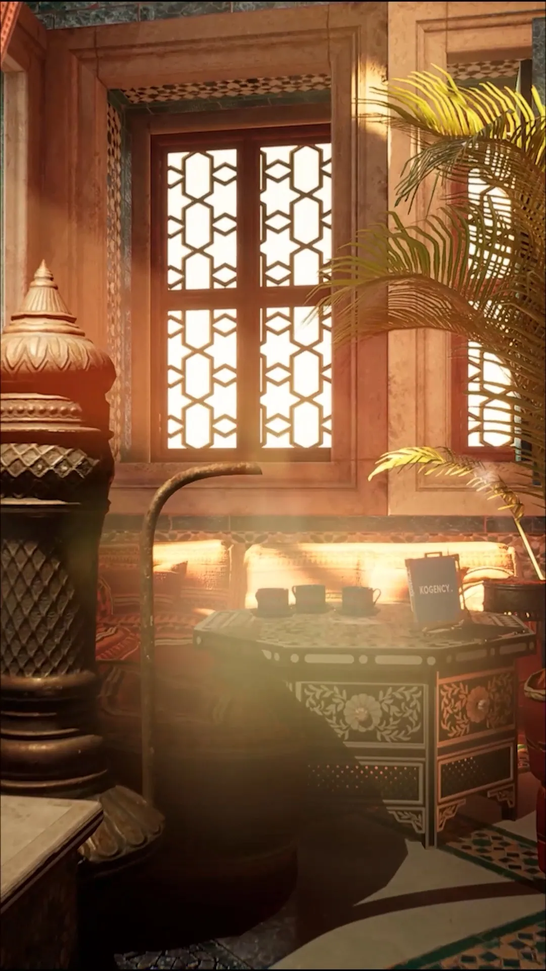 A carved wooden interior with lattice windows and warm afternoon light, in a vertical frame
