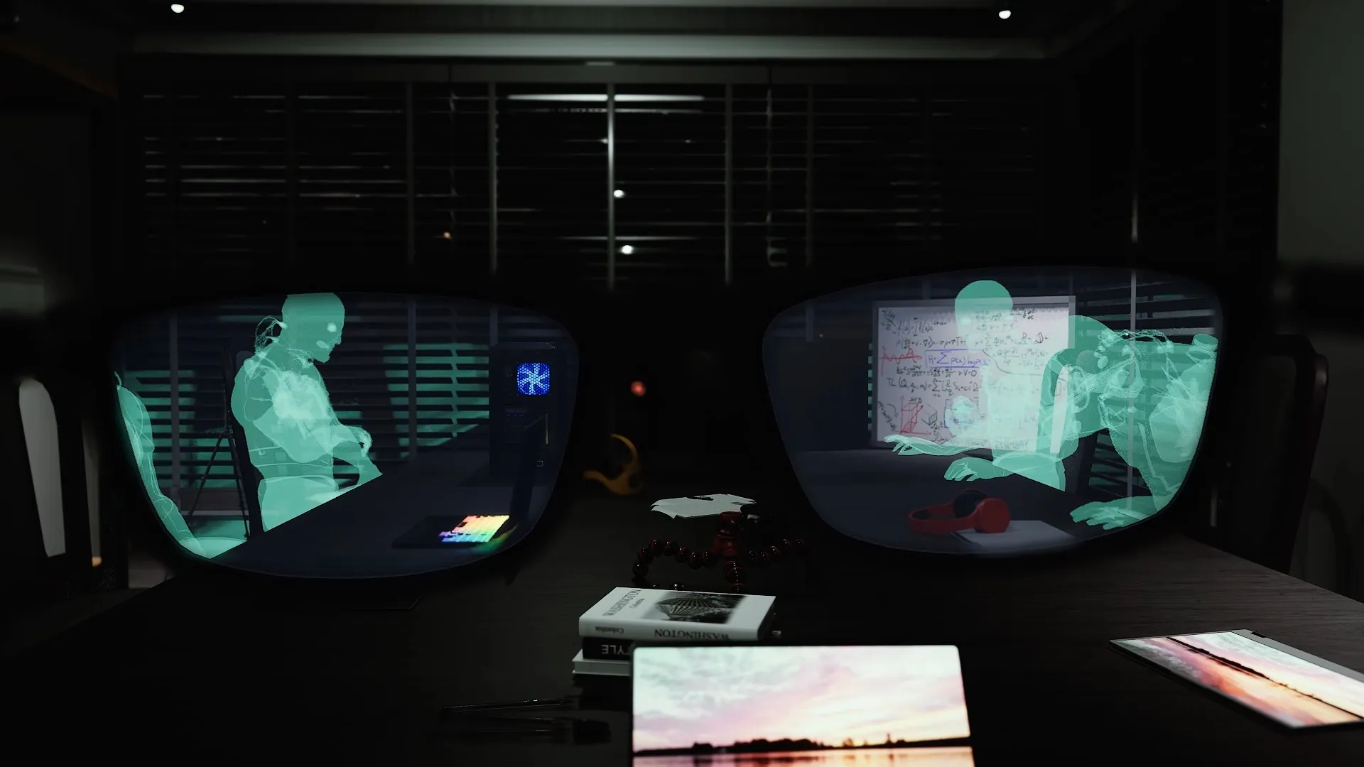 Smart glasses whose lenses show holographic figures, on a desk in a dark room