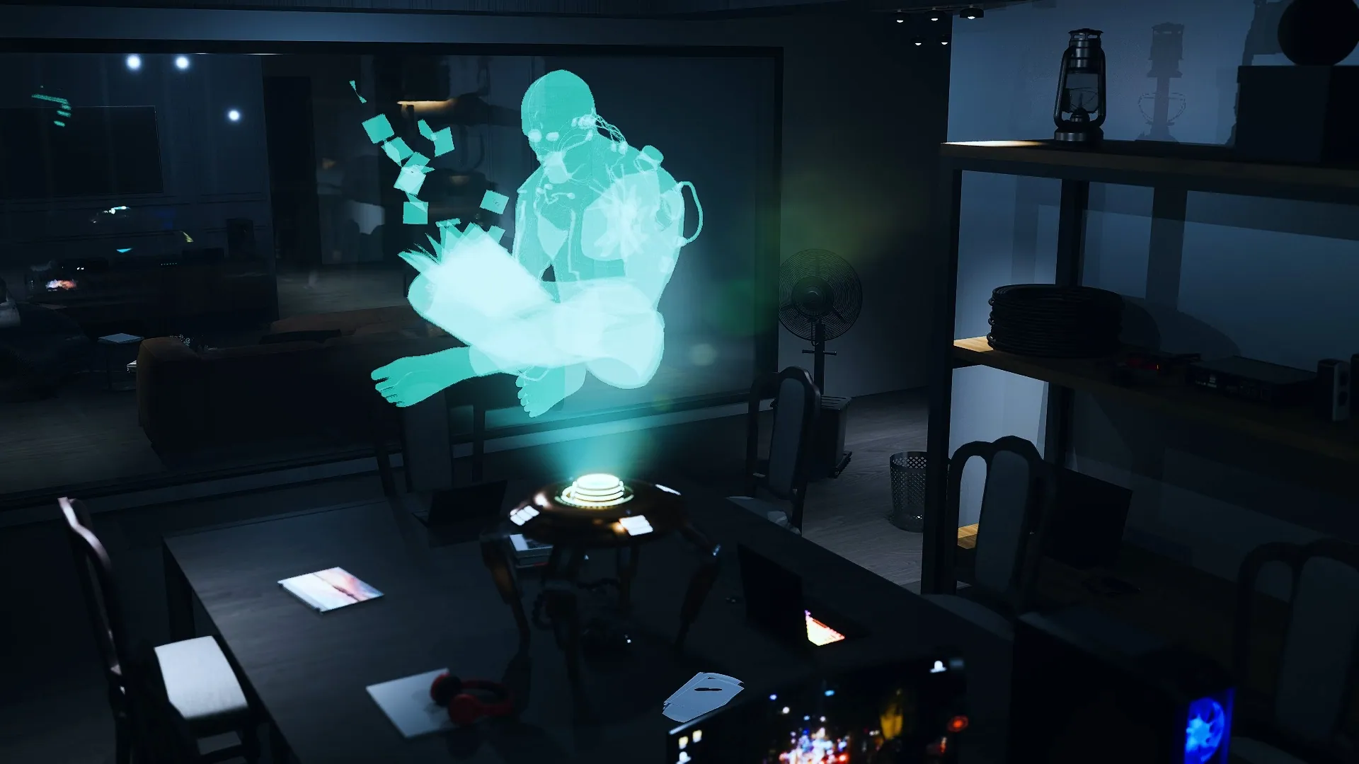 A dark office lit by a glowing cyan hologram of a figure