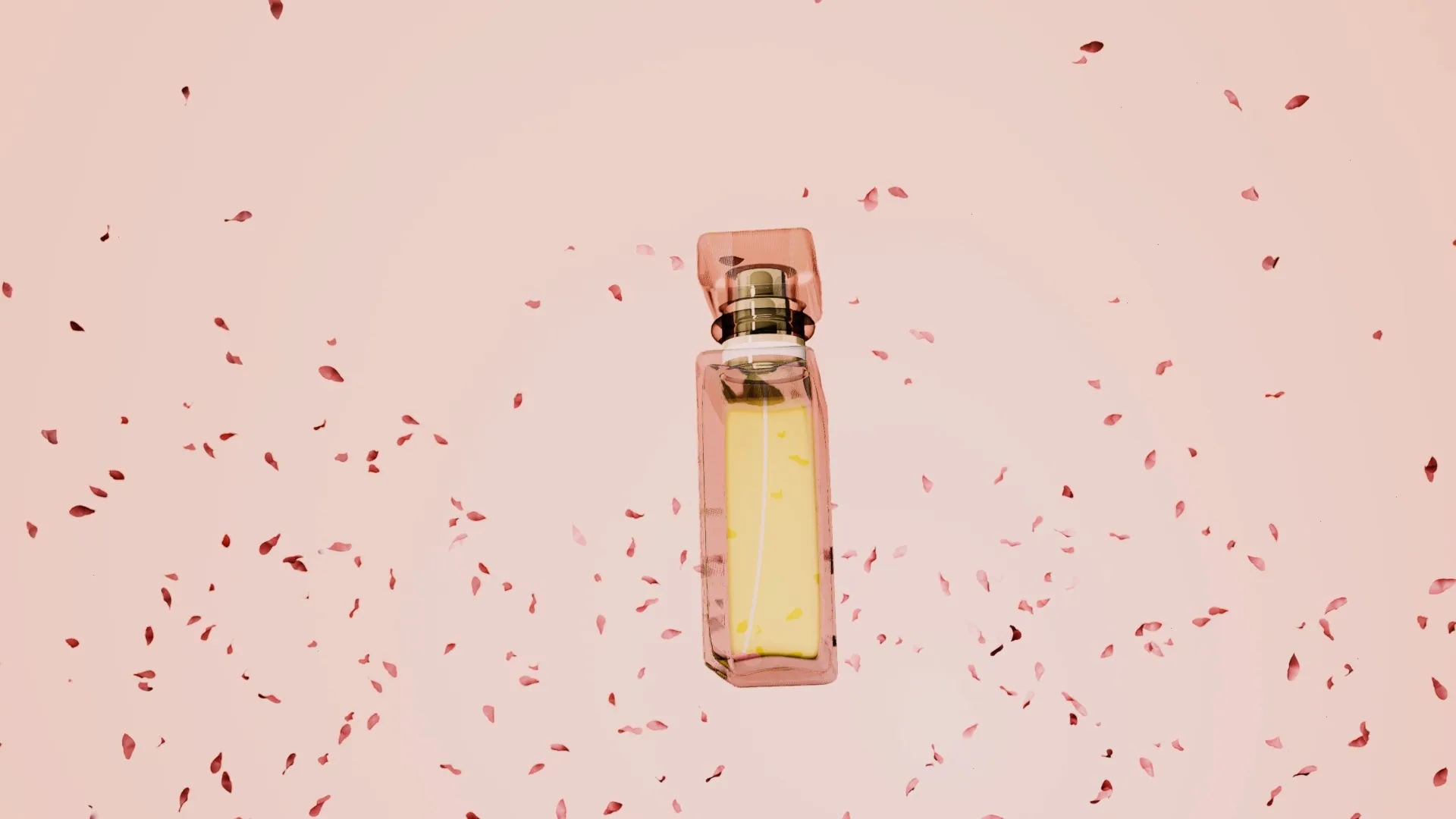 A perfume bottle standing among scattered rose petals on pale pink