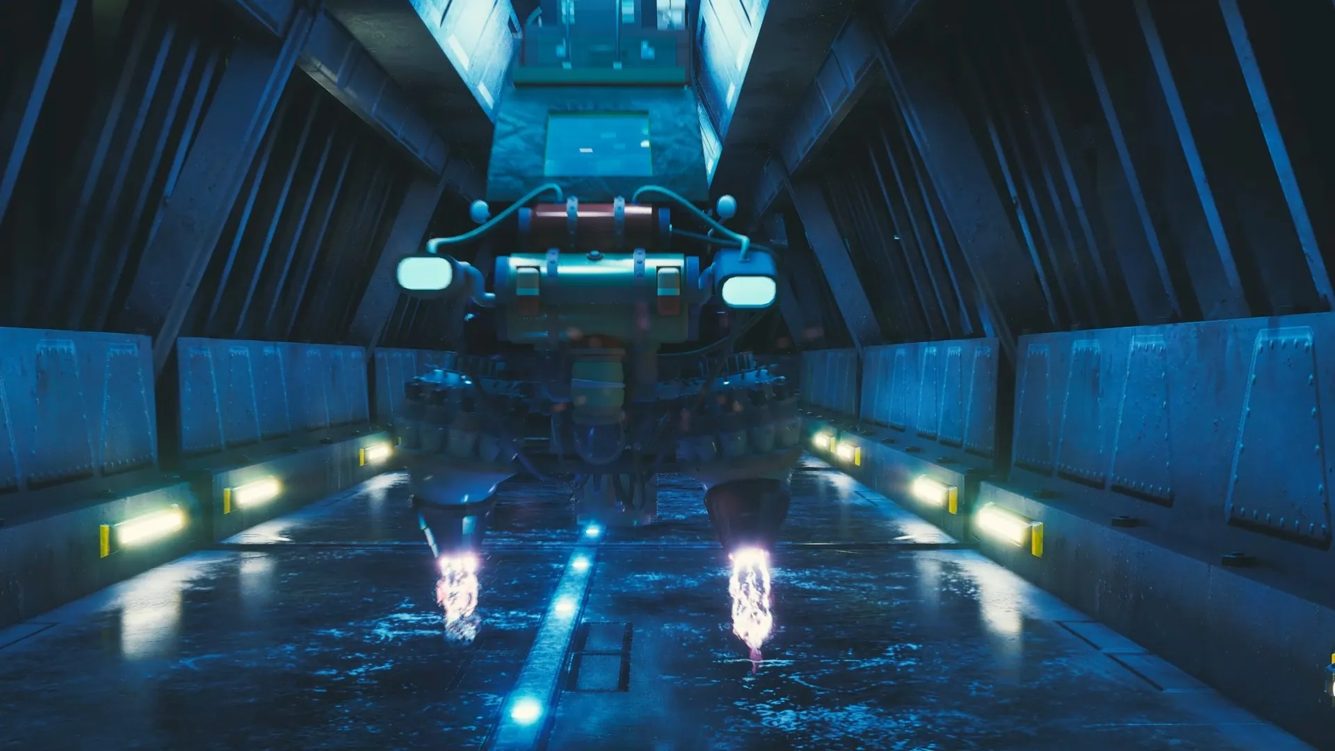 A vehicle racing through a blue-lit tunnel, headlights reflecting on wet ground