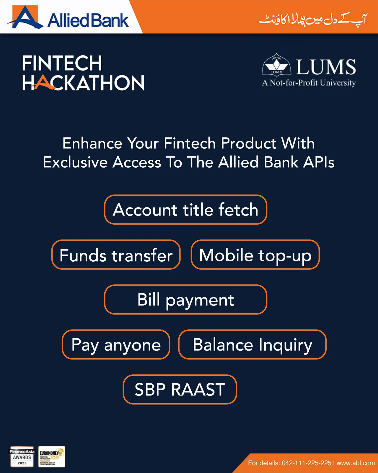 Post: “Enhance your fintech product with exclusive access to the Allied Bank APIs”, listing account title fetch, funds transfer and bill payment