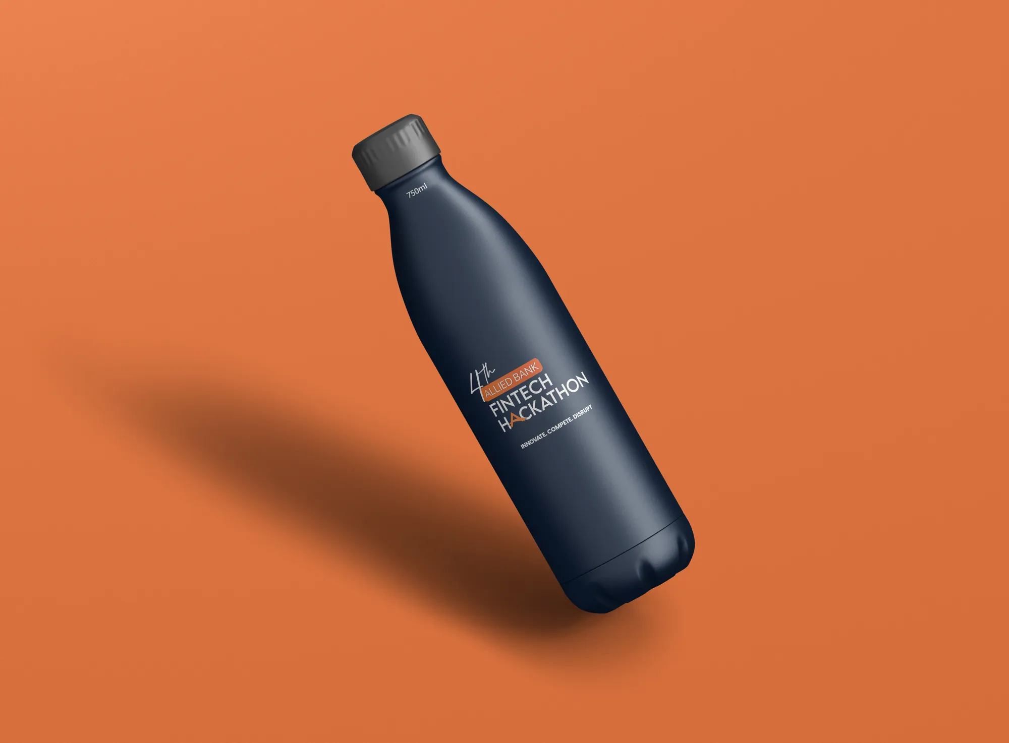 A navy water bottle with the hackathon mark on orange
