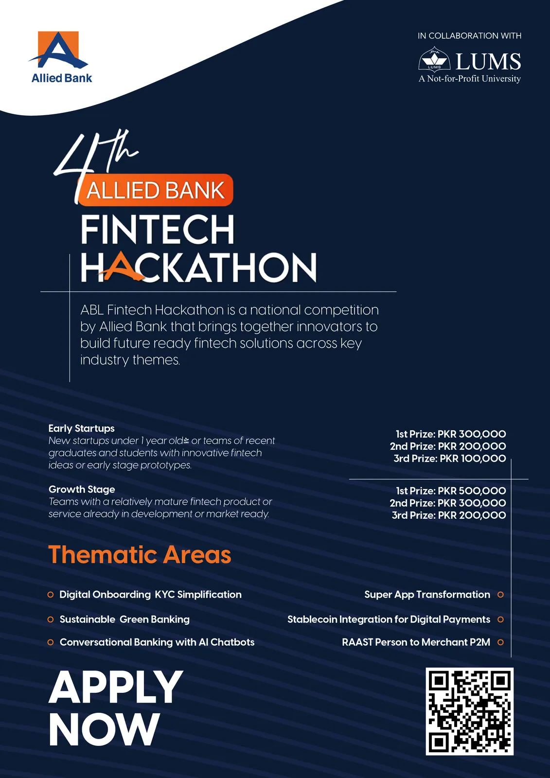 The hackathon brochure in navy: thematic areas, the growth-stage and early-stage tracks with their prizes, and Apply now with a QR code