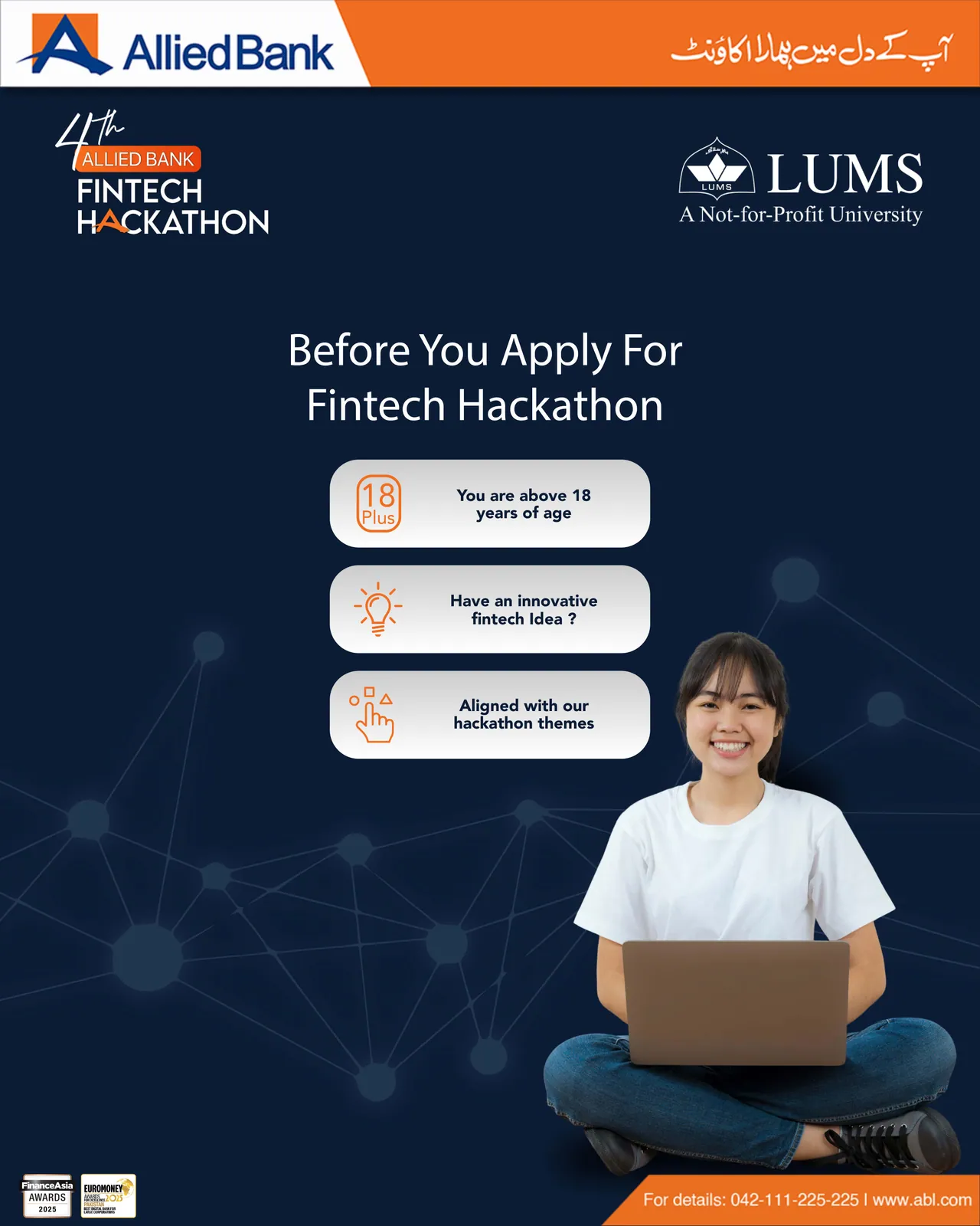 Post: “Before you apply for Fintech Hackathon”, a checklist beside a person working on a laptop