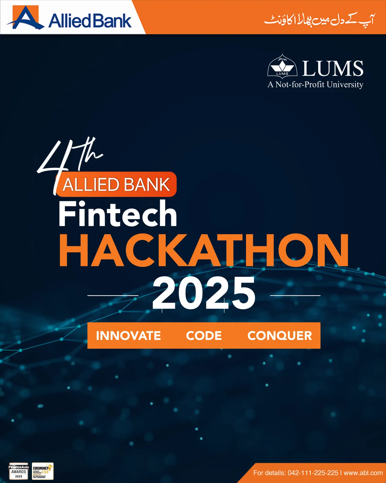 Key visual: “4th Allied Bank Fintech Hackathon 2025, Innovate, Code, Conquer” on a navy field of light