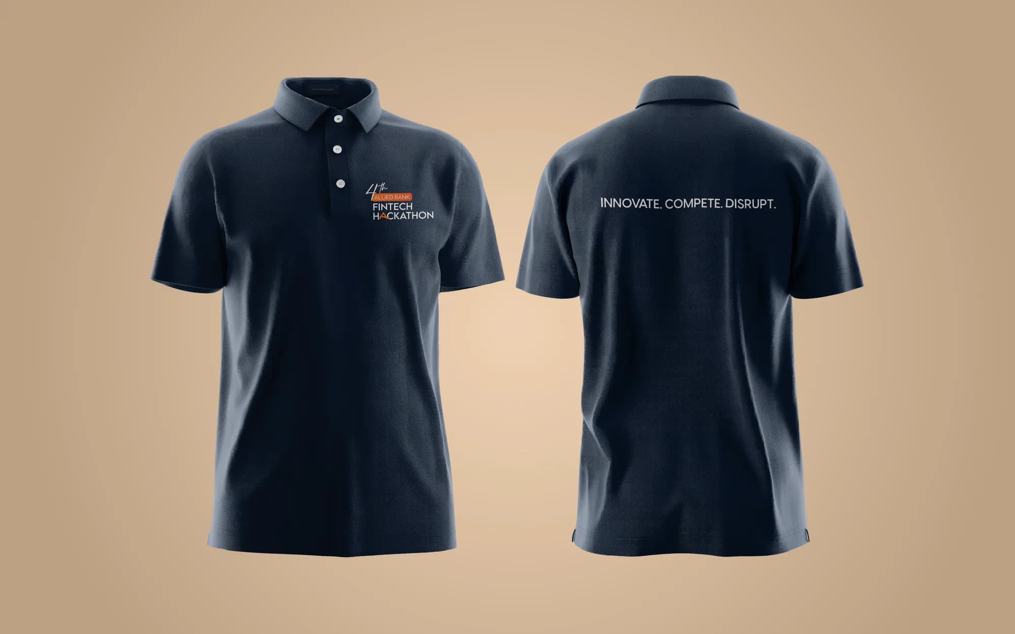 A navy polo shirt, front and back, with the hackathon mark