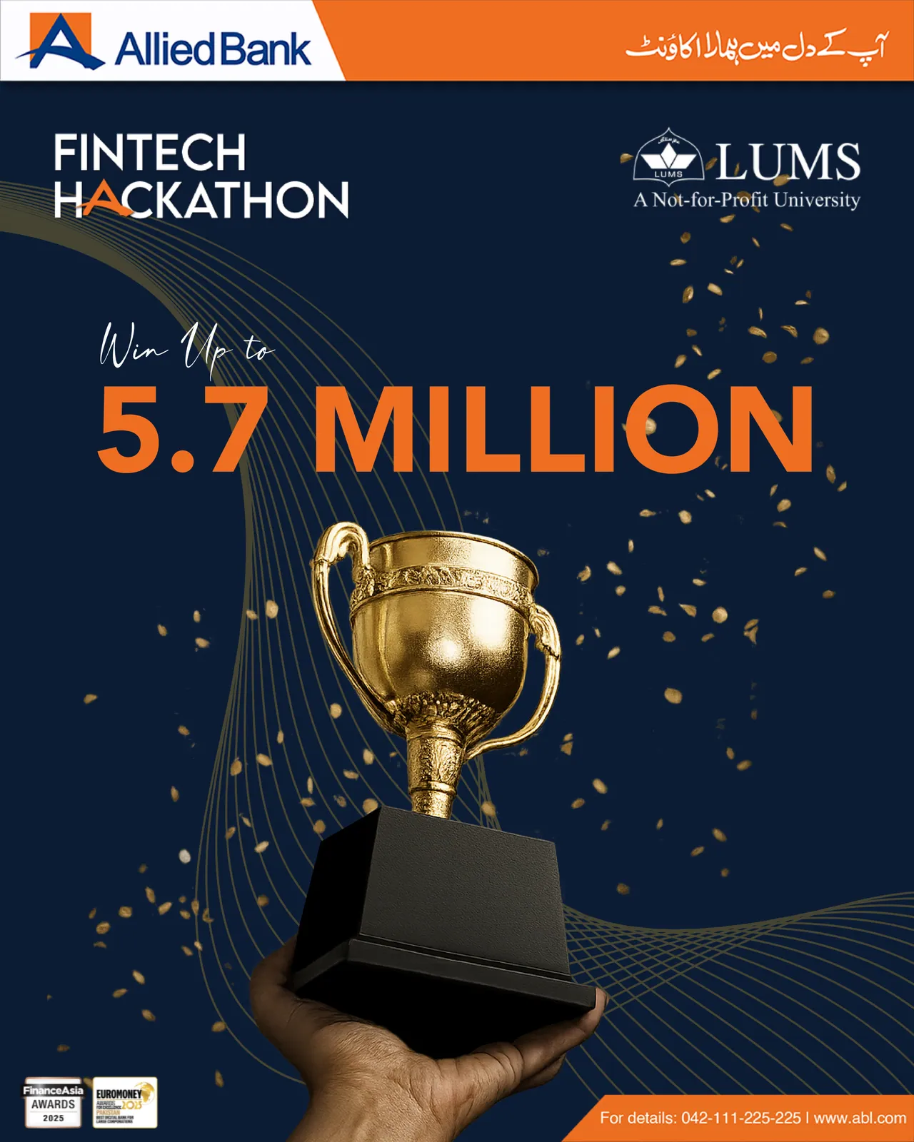 Post: a hand holding a gold trophy under “Win up to 5.7 million”