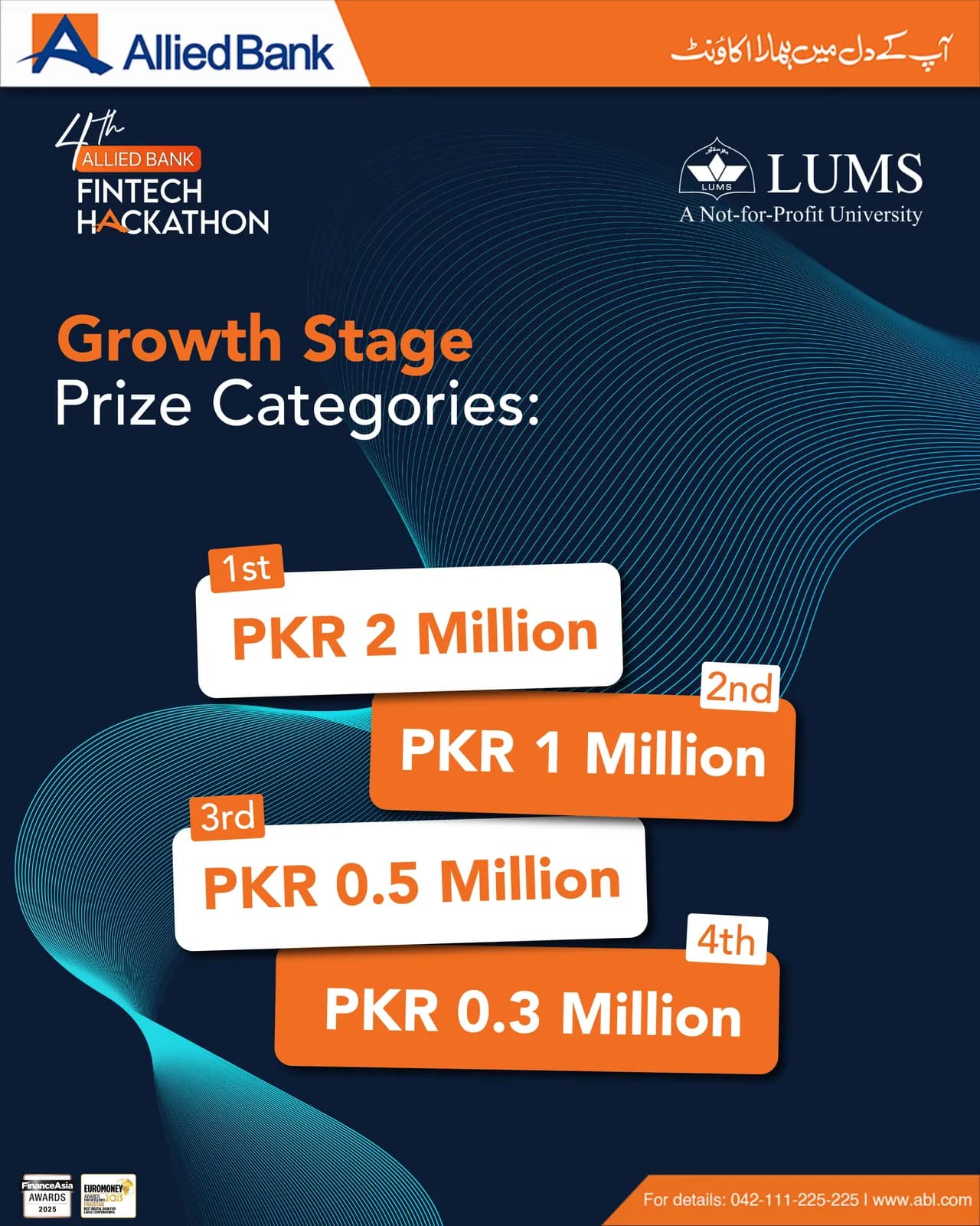 Post: growth-stage prize categories as stacked orange tickets, from PKR 2 million to PKR 0.3 million