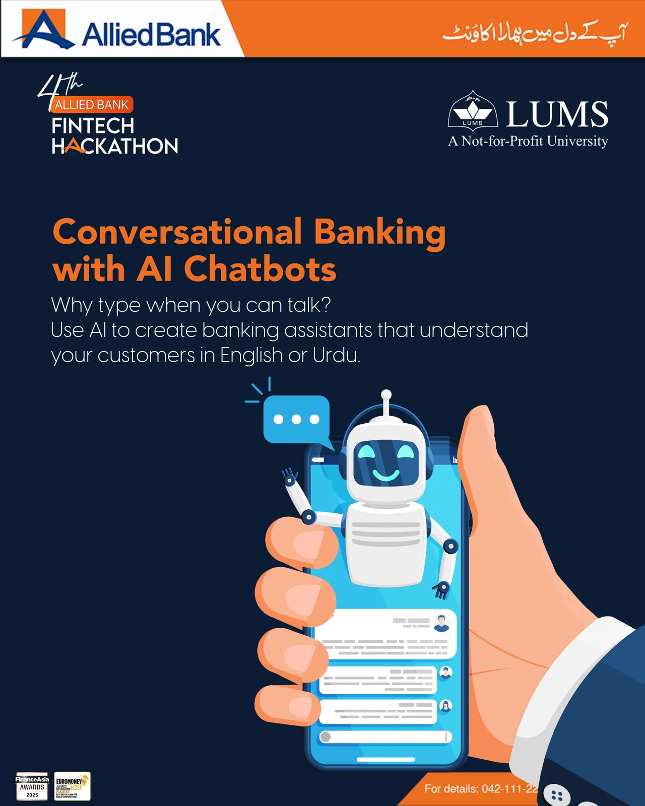 Thematic area post: Conversational Banking with AI Chatbots, with a hand holding a phone and a robot