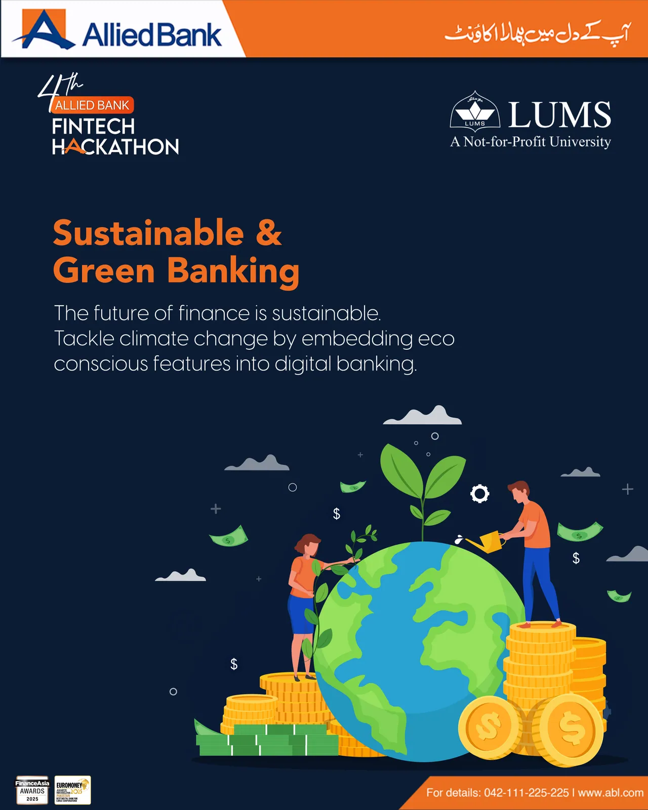 Thematic area post: Sustainable and Green Banking, with a globe, plants and coins
