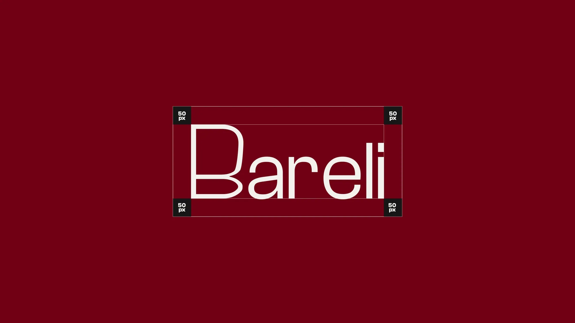 The Bareli wordmark on its construction grid with 50 px clear space marked
