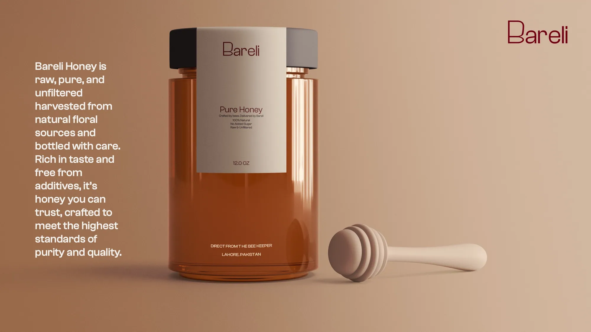 A jar of Bareli honey with a wooden dipper, on a warm tan ground