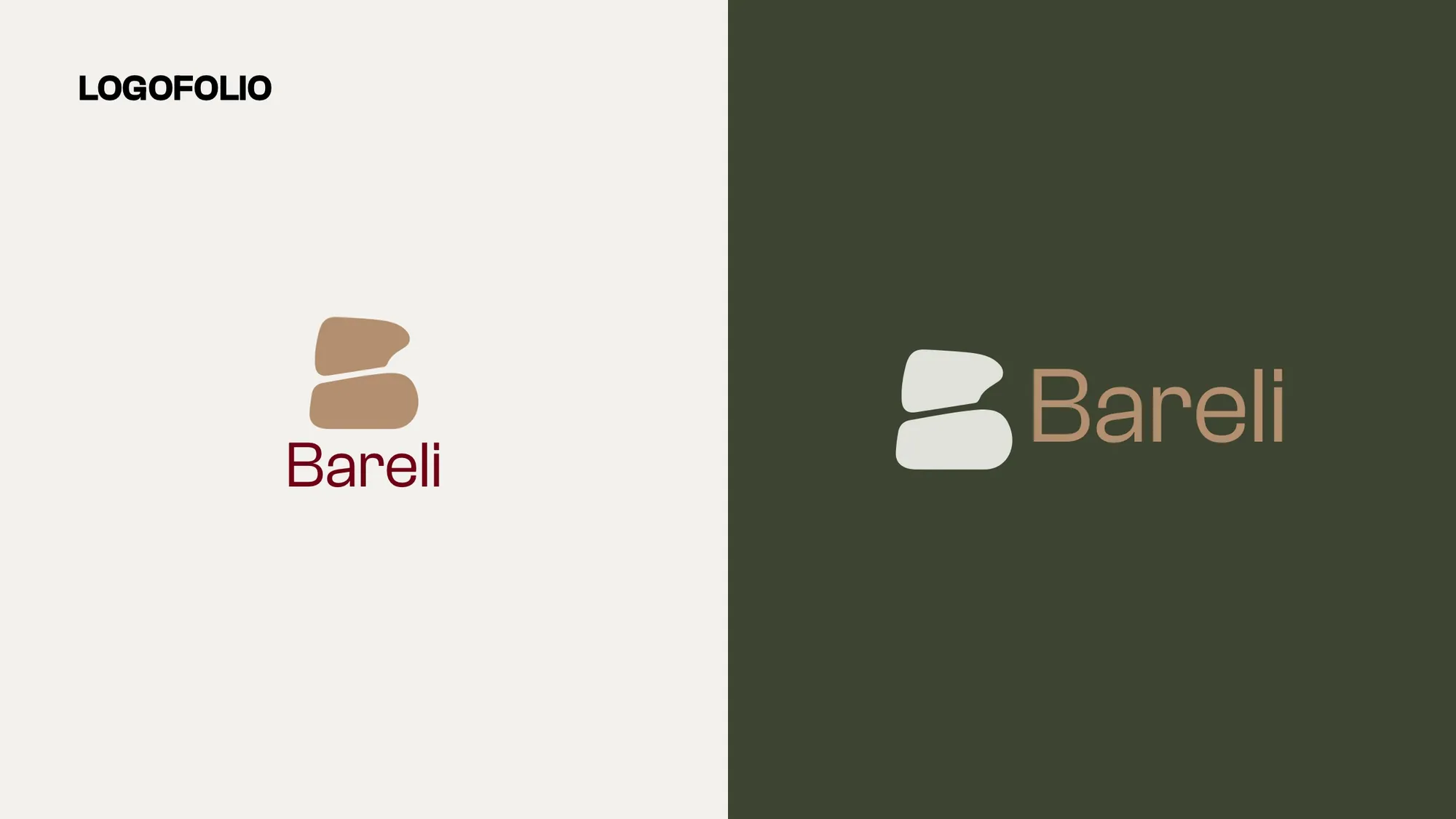Logofolio: the Bareli monogram and wordmark in tan on cream and on olive