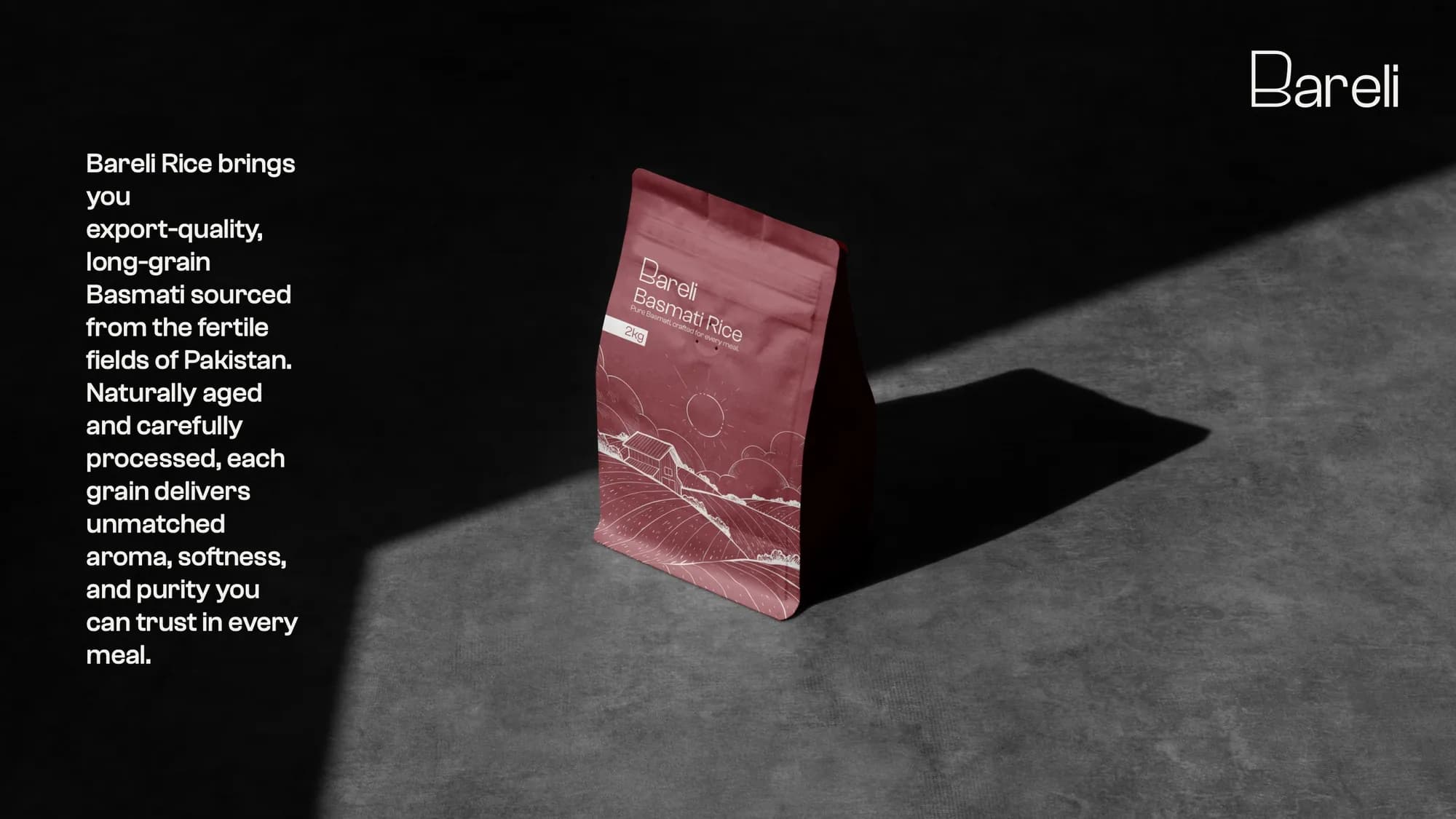 A deep red Bareli rice pouch standing in hard light on concrete