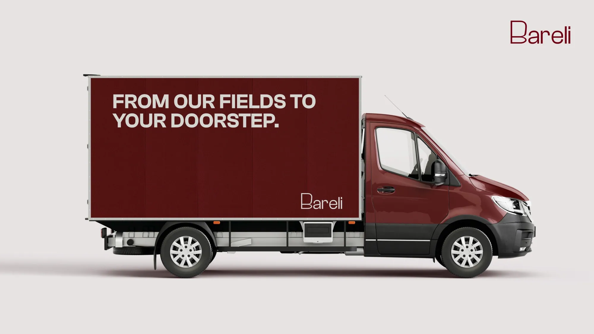 A deep red Bareli delivery van reading “From our fields to your doorstep.”