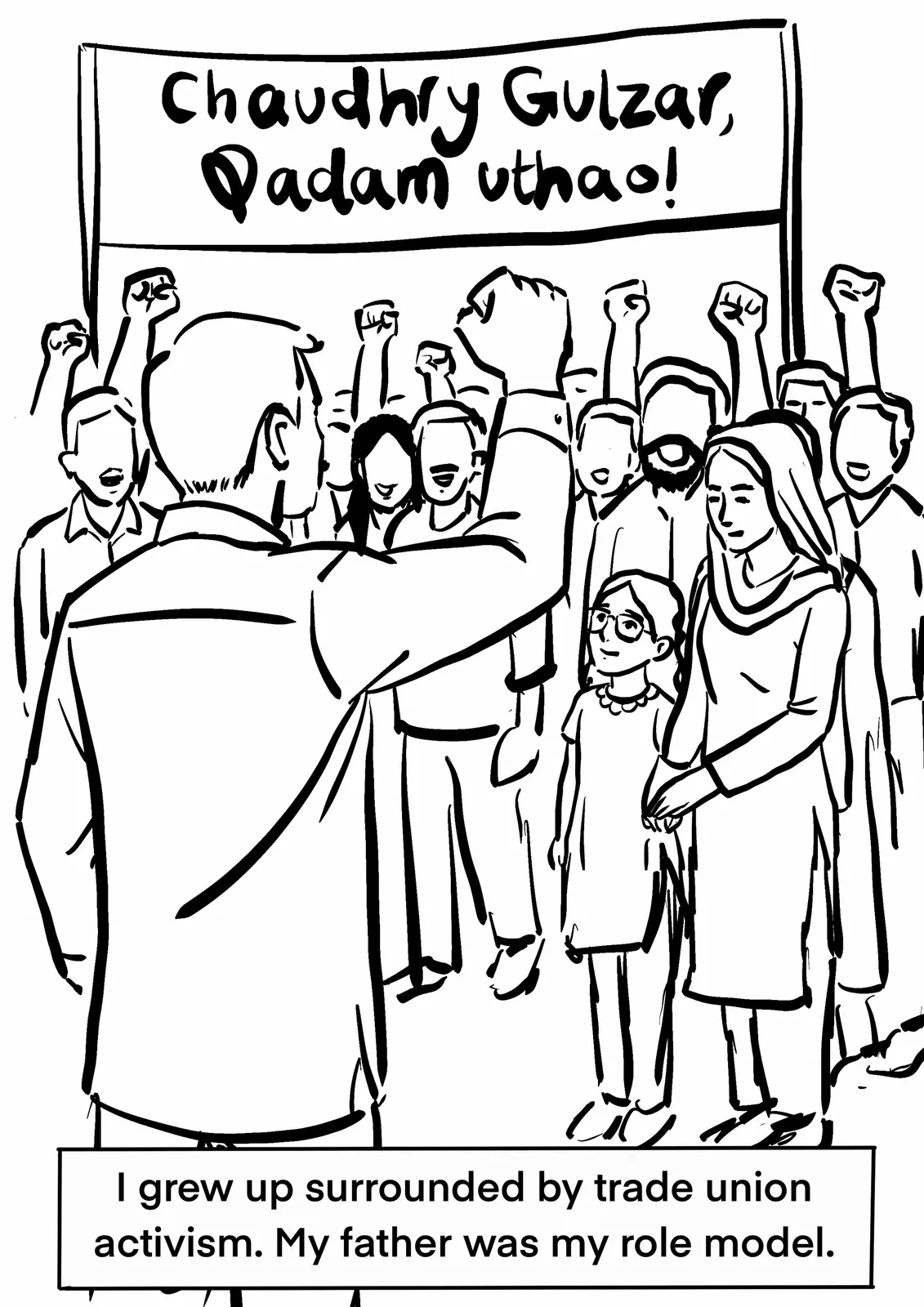 Ink drawing for panel 1: the rally, in black line on white