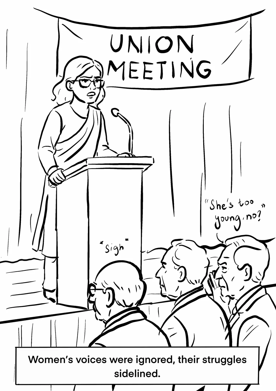 Ink drawing for panel 4: the union meeting, in black line on white