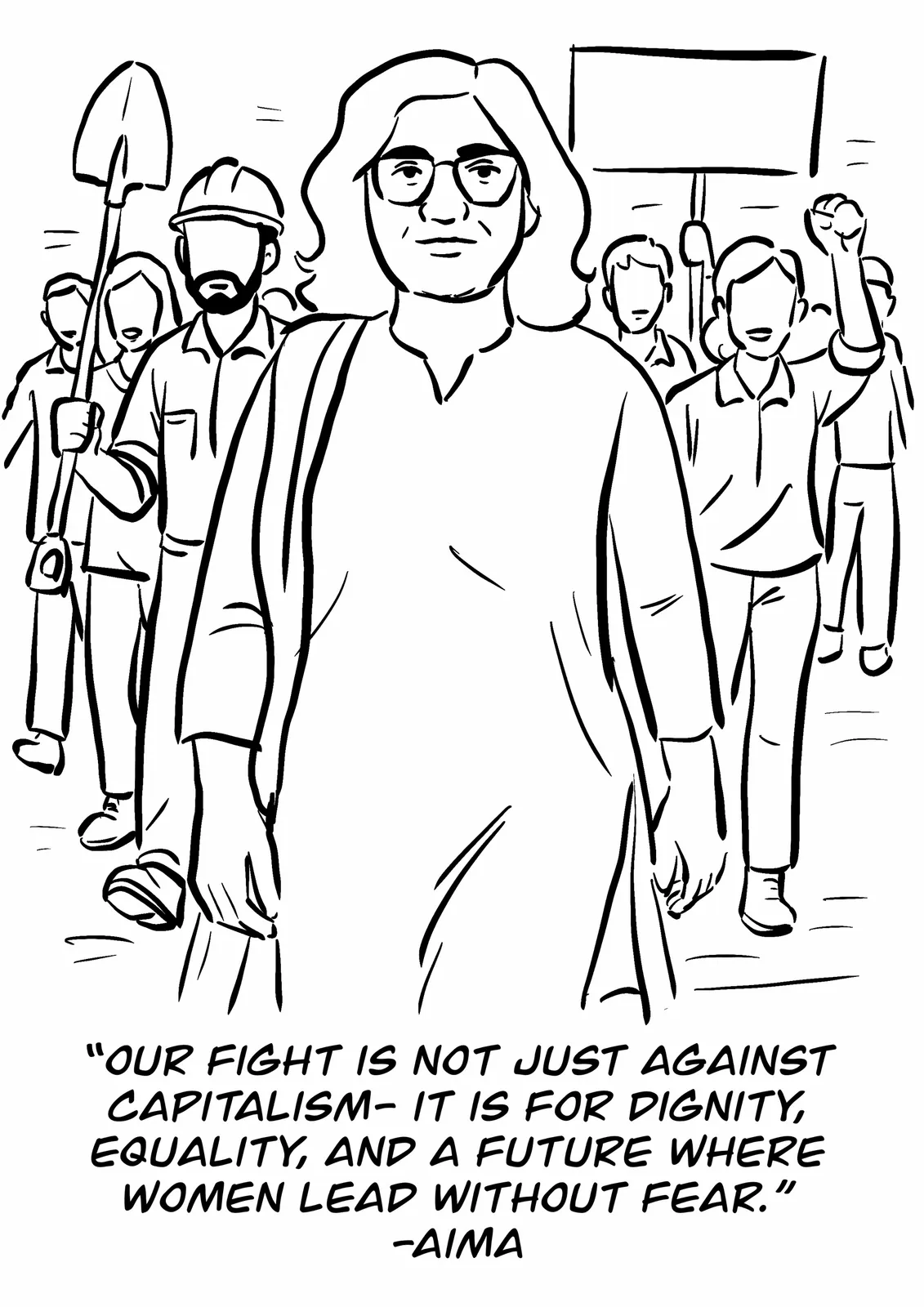 Ink drawing for panel 8: Aima leading workers forward, in black line on white
