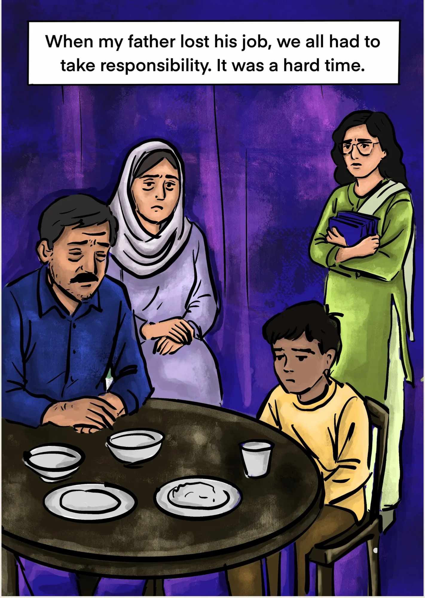 Panel 2: the family around a dim dinner table after her father loses his job, Aima standing with her books