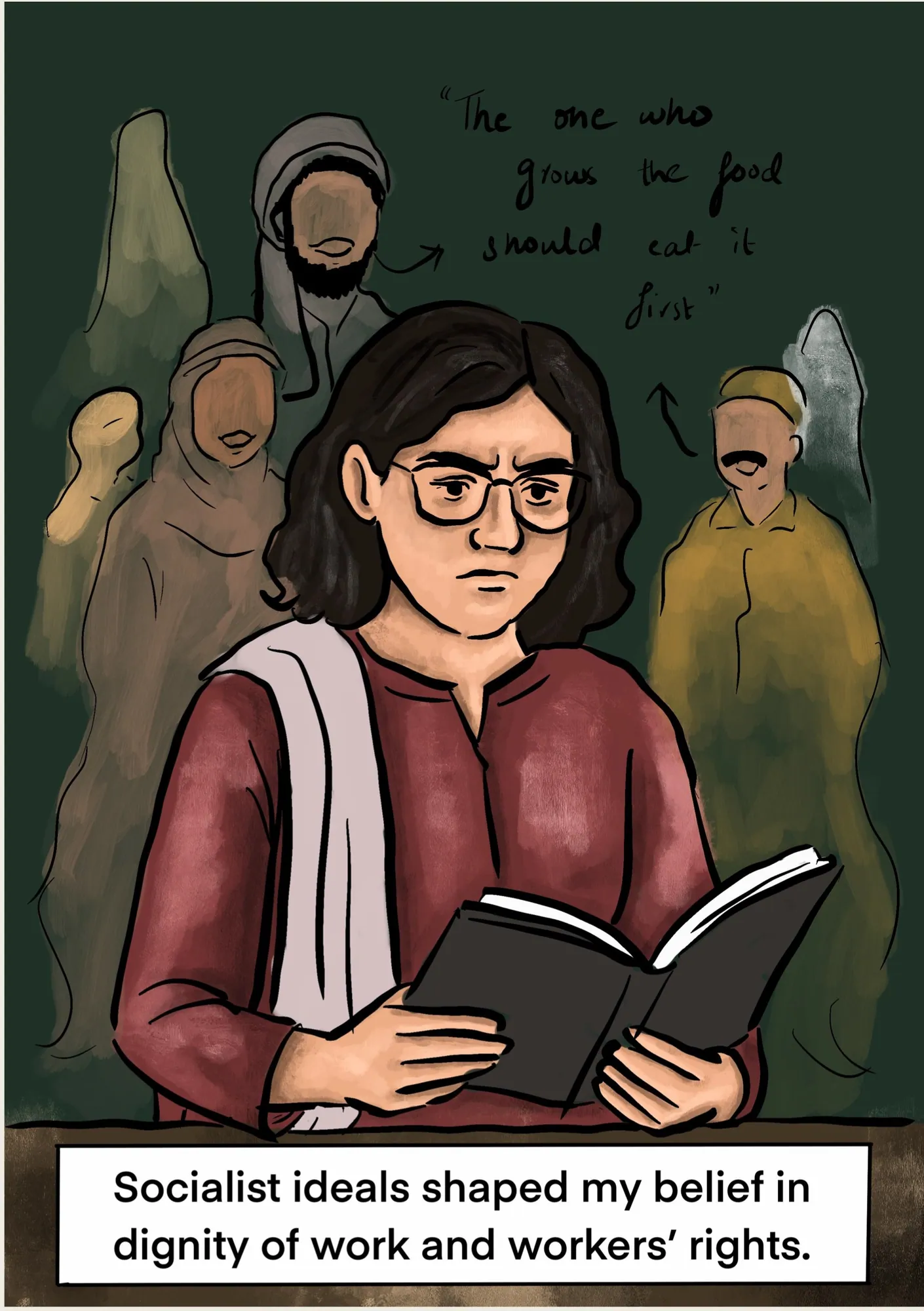 Panel 3: Aima reading in a study circle, ghostly workers and slogans behind her