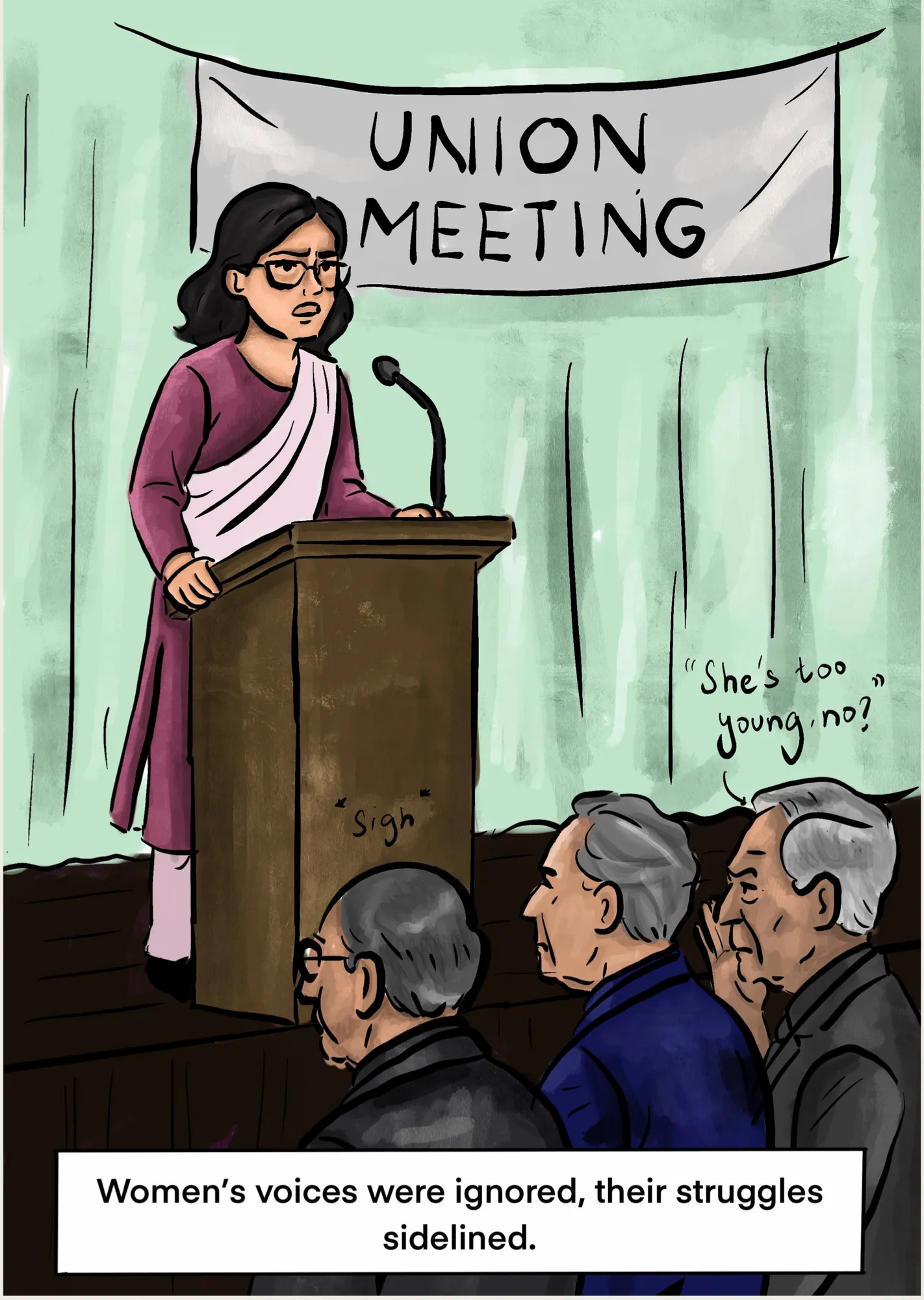 Panel 4: Aima speaks at a union meeting while older men dismiss her: “She’s too young”