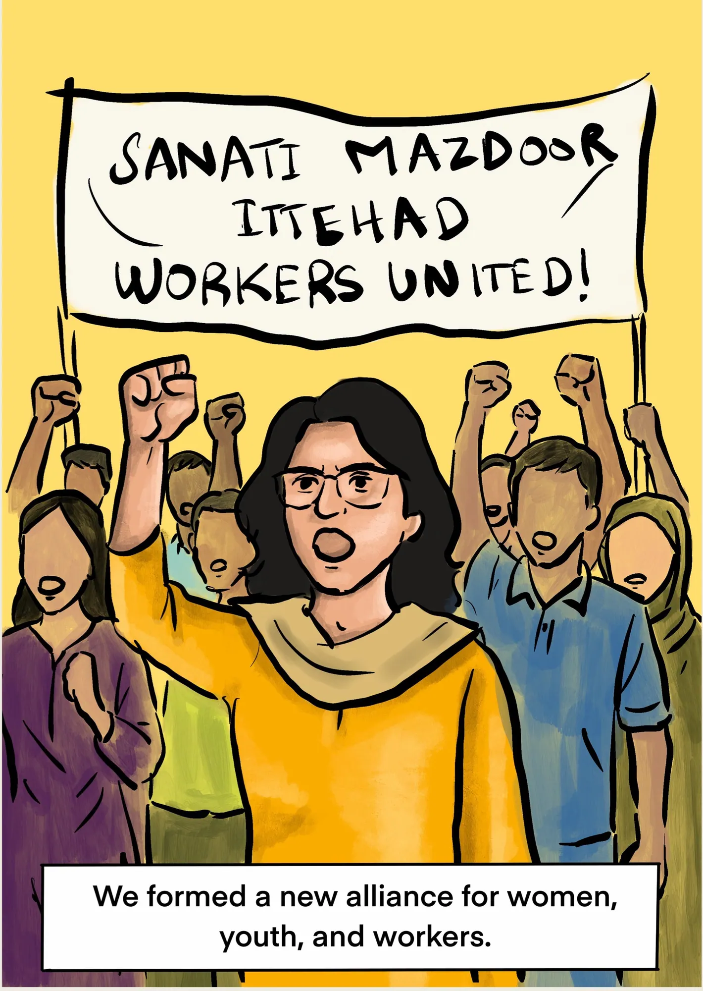 Panel 5: Aima marches with young men and women under a banner reading “Sanati Mazdoor Ittehad, workers united!”