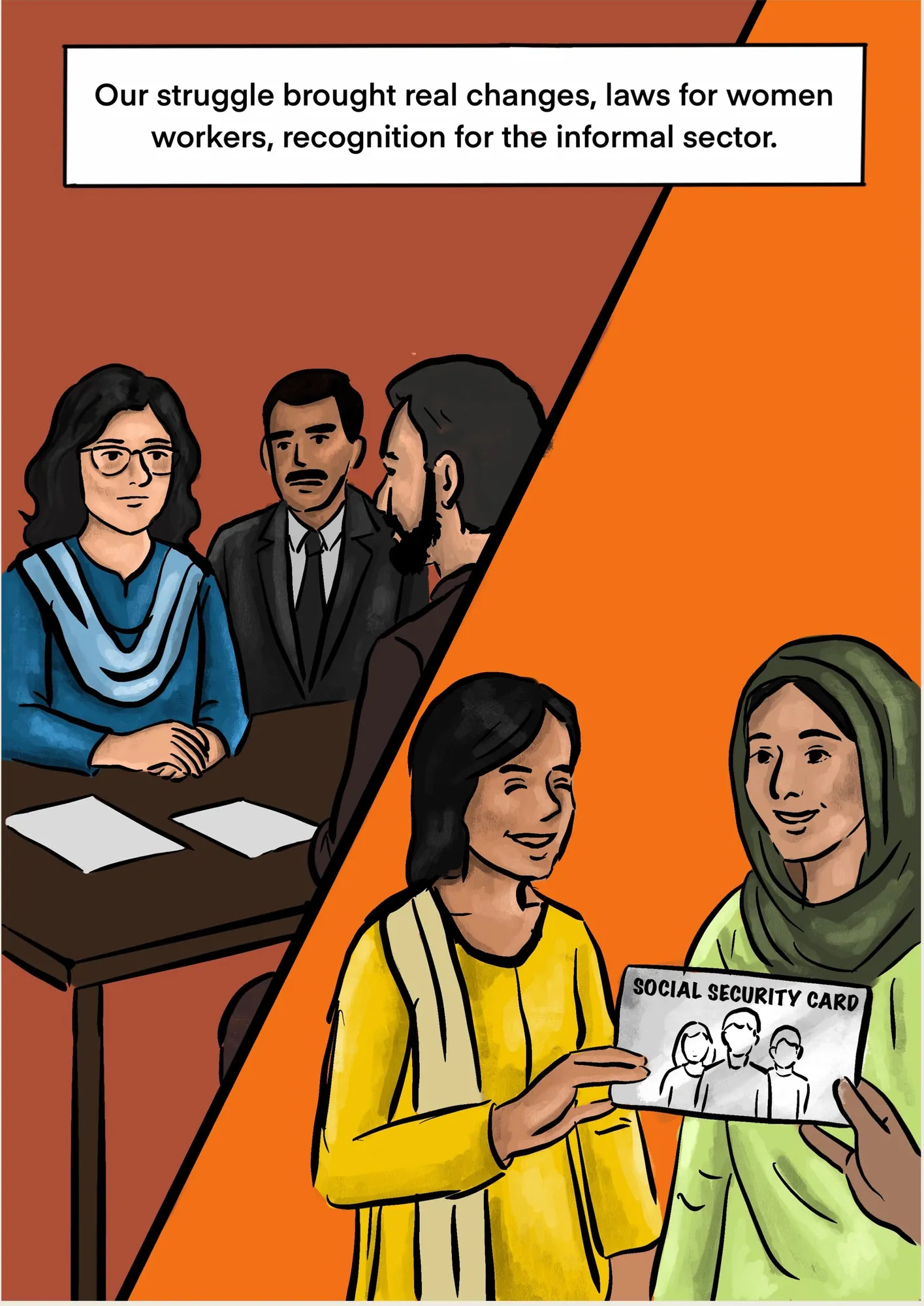 Panel 6, split: Aima across a table from officials, and a mother receiving a new social security card