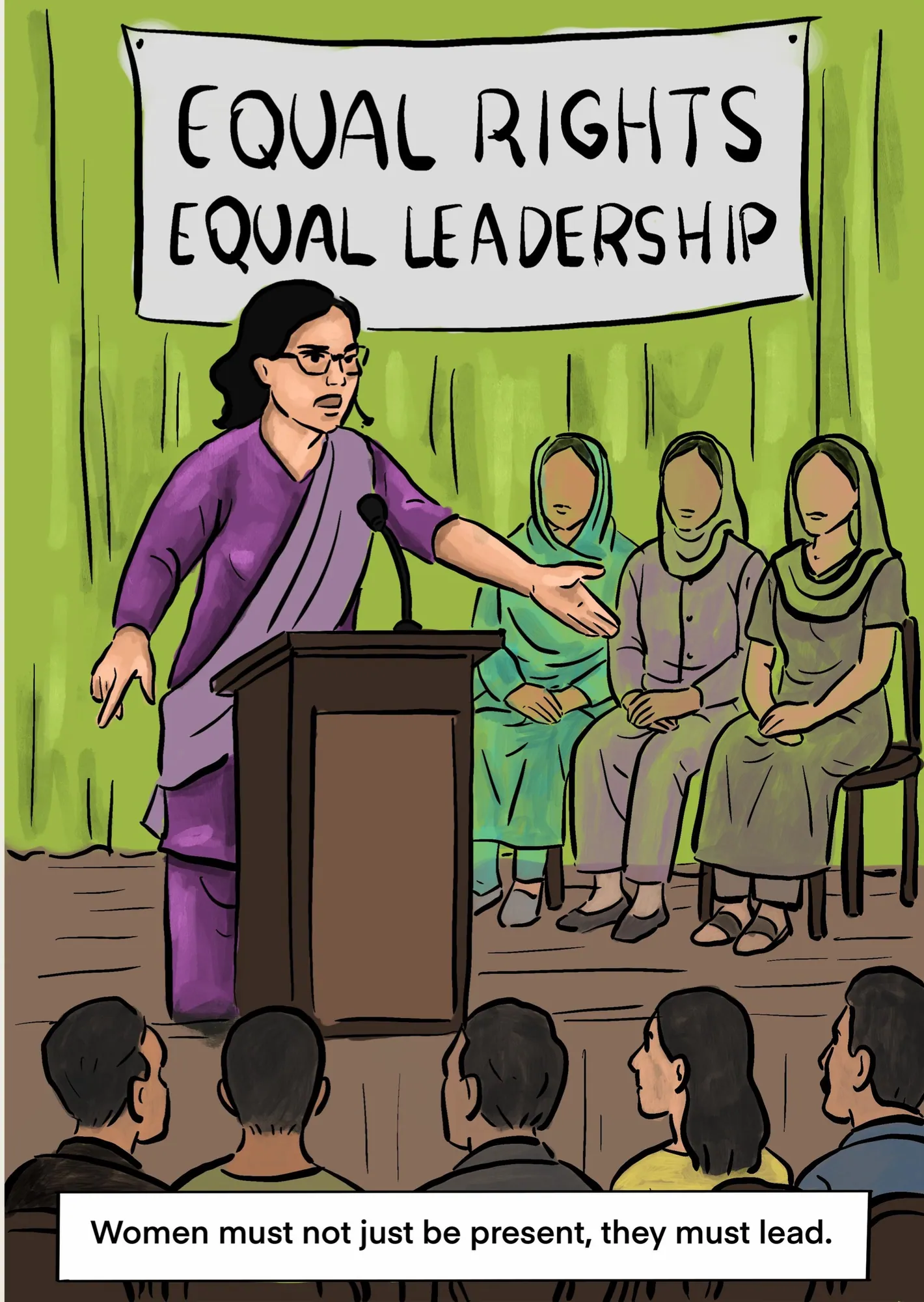 Panel 7: Aima at a podium under a banner reading “Equal rights, equal leadership”, women seated on stage beside her