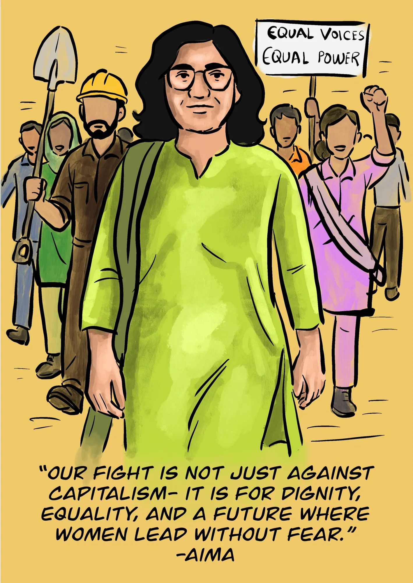 Panel 8: Aima walks forward in green, workers with tools, books and banners behind her