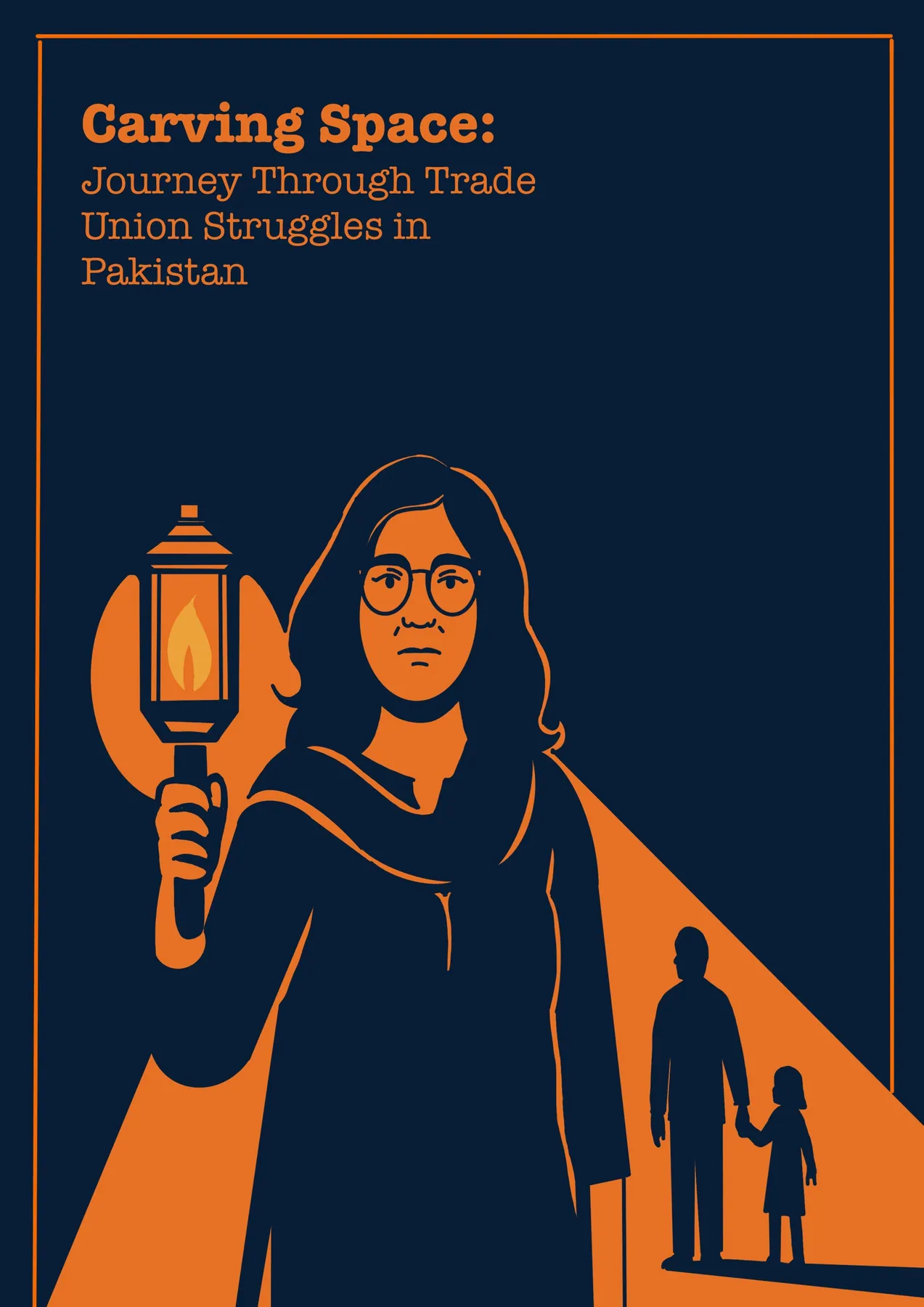 Title illustration: Aima holds up a lantern on navy and orange; her shadow is a small girl holding her father’s hand