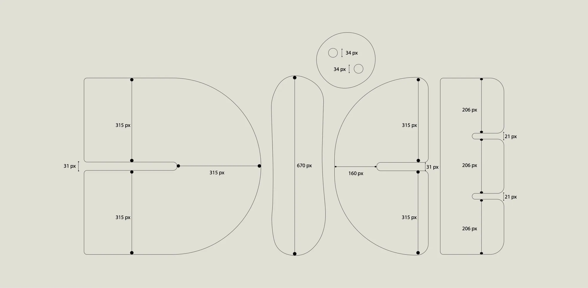 The DIICE wordmark drawn as outlines on a construction grid, with every measurement marked