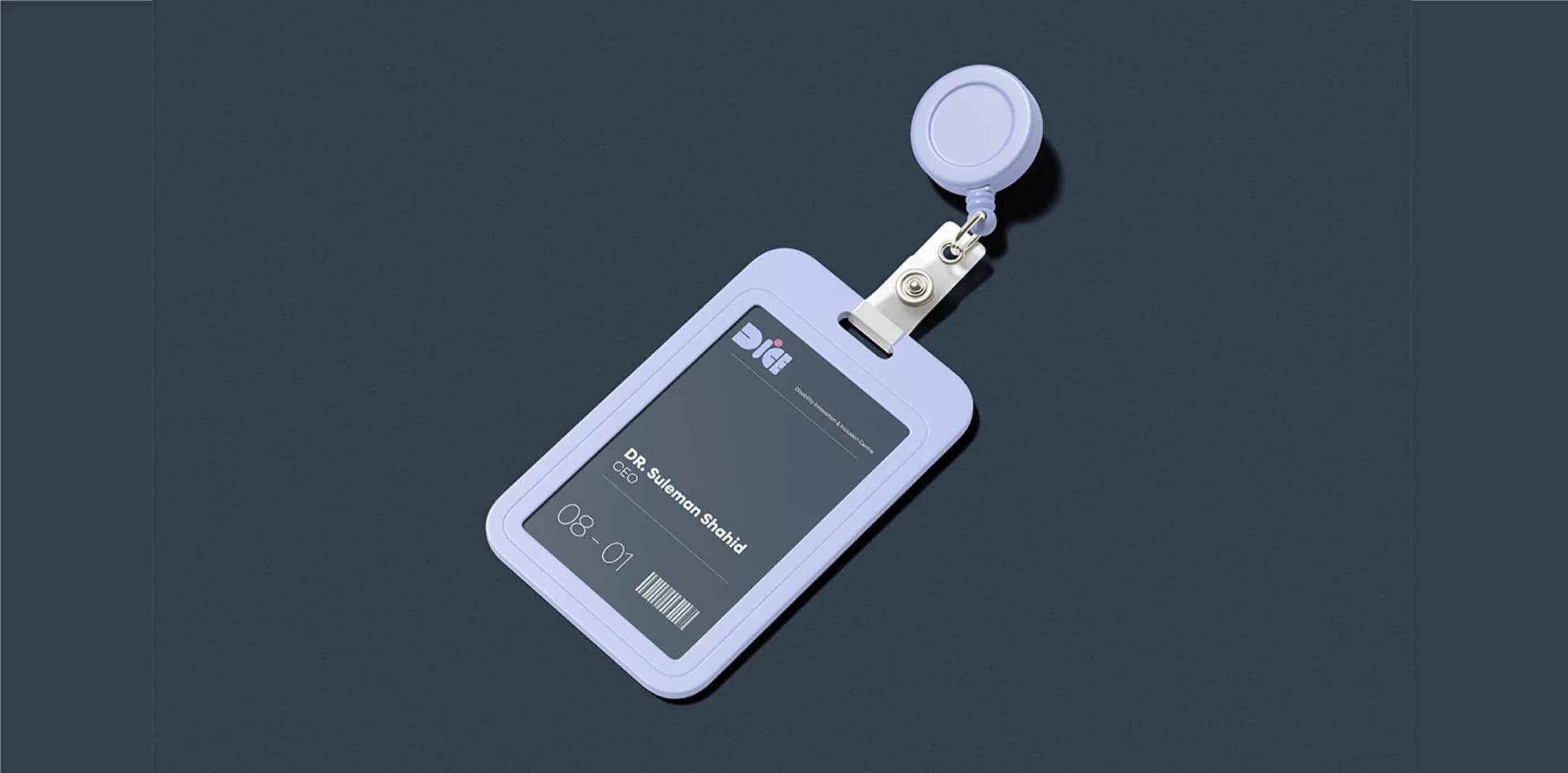 A periwinkle DIICE ID card on a lanyard clip