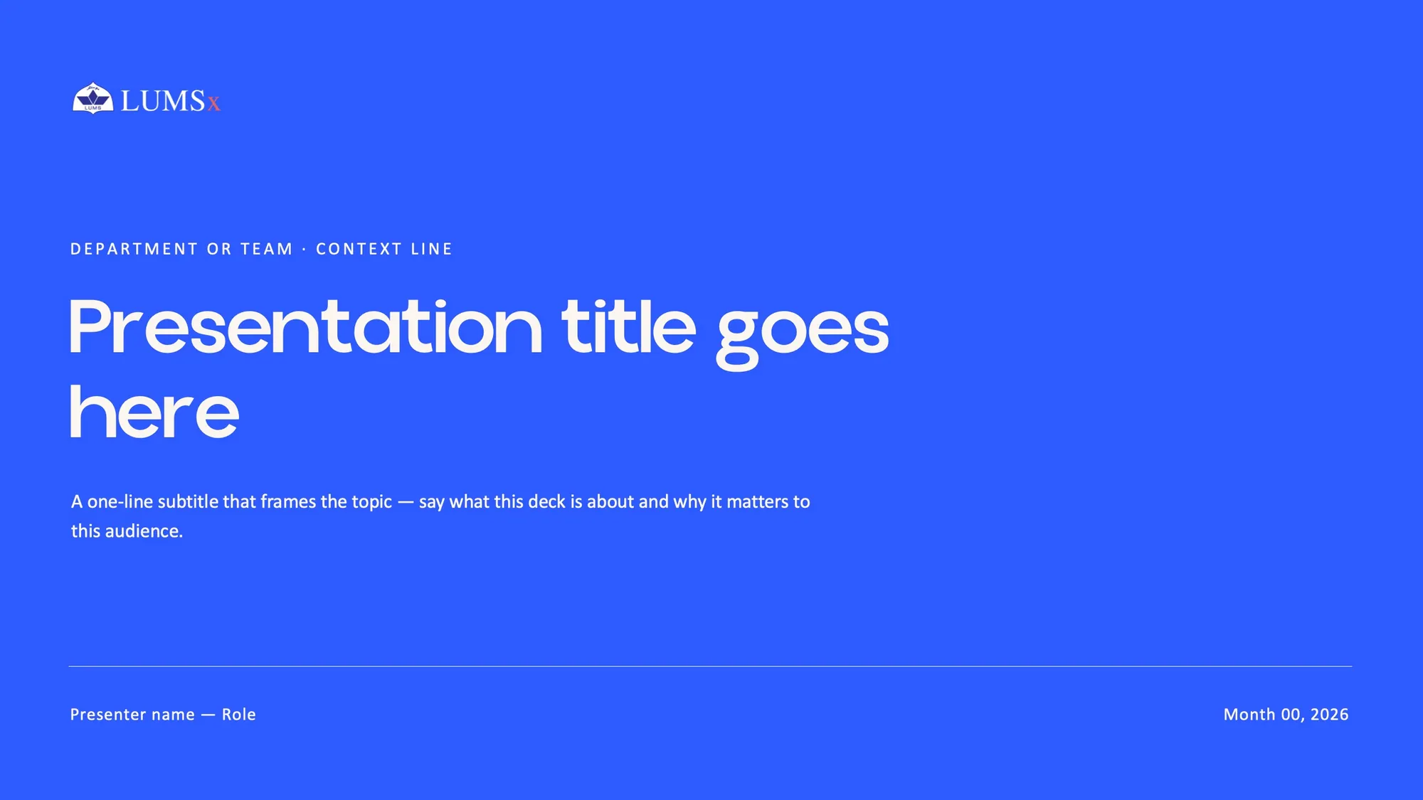 LUMSx deck title slide in Beacon Blue: “Presentation title goes here”