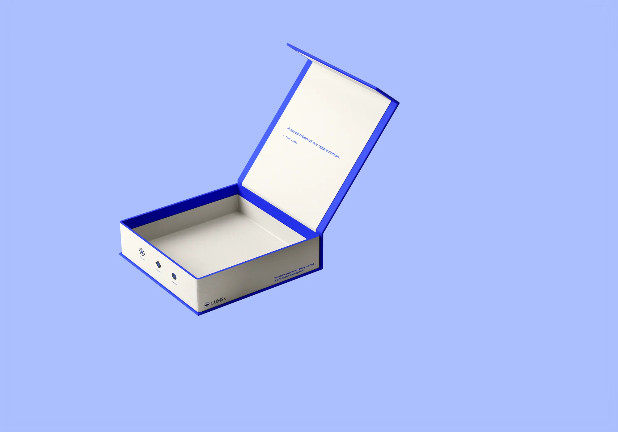 An open white LUMSx corporate gift box with a blue edge, on periwinkle