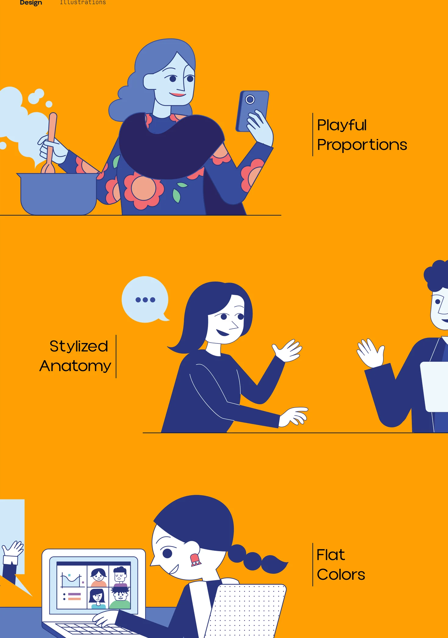 LUMSx illustration style on marigold: a woman cooking while on her phone, a woman waving at a video call, and a girl learning at a laptop