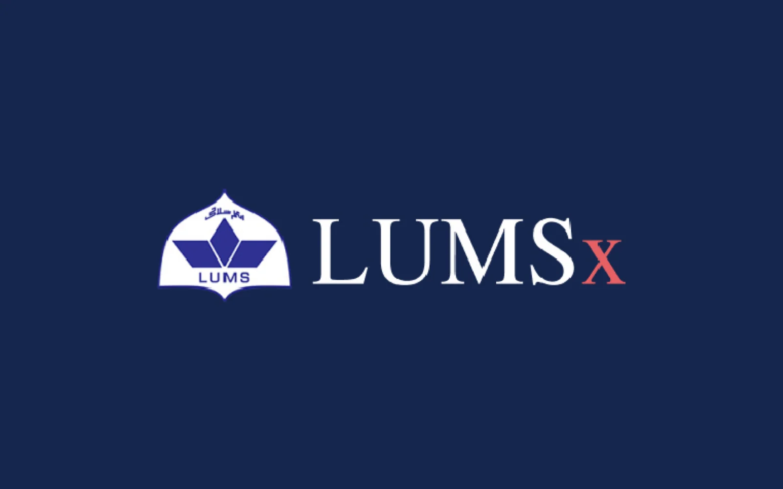 The LUMSx logo in white and red on ink navy