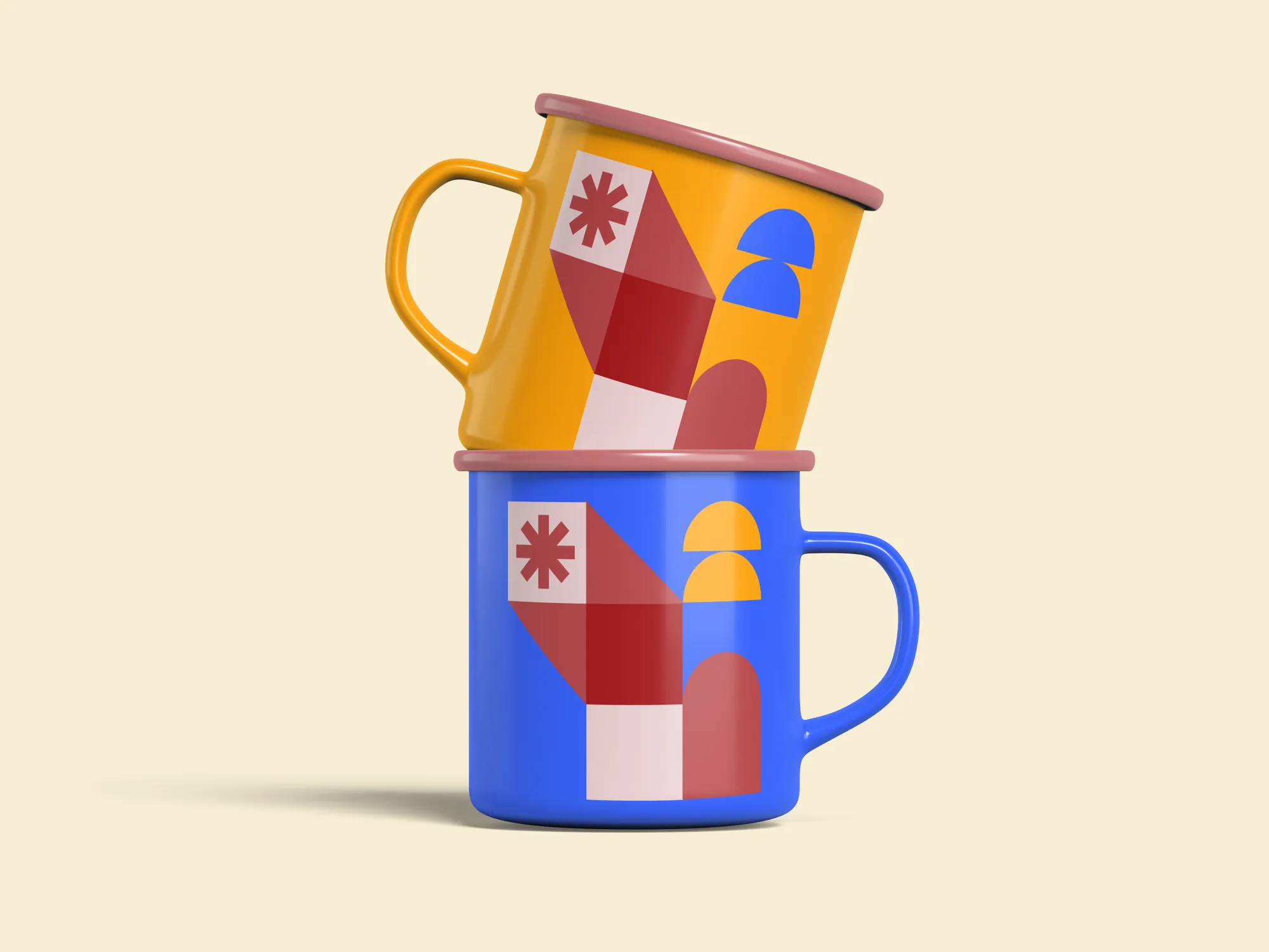 LUMSx enamel mugs patterned with the brand shapes on a cream ground