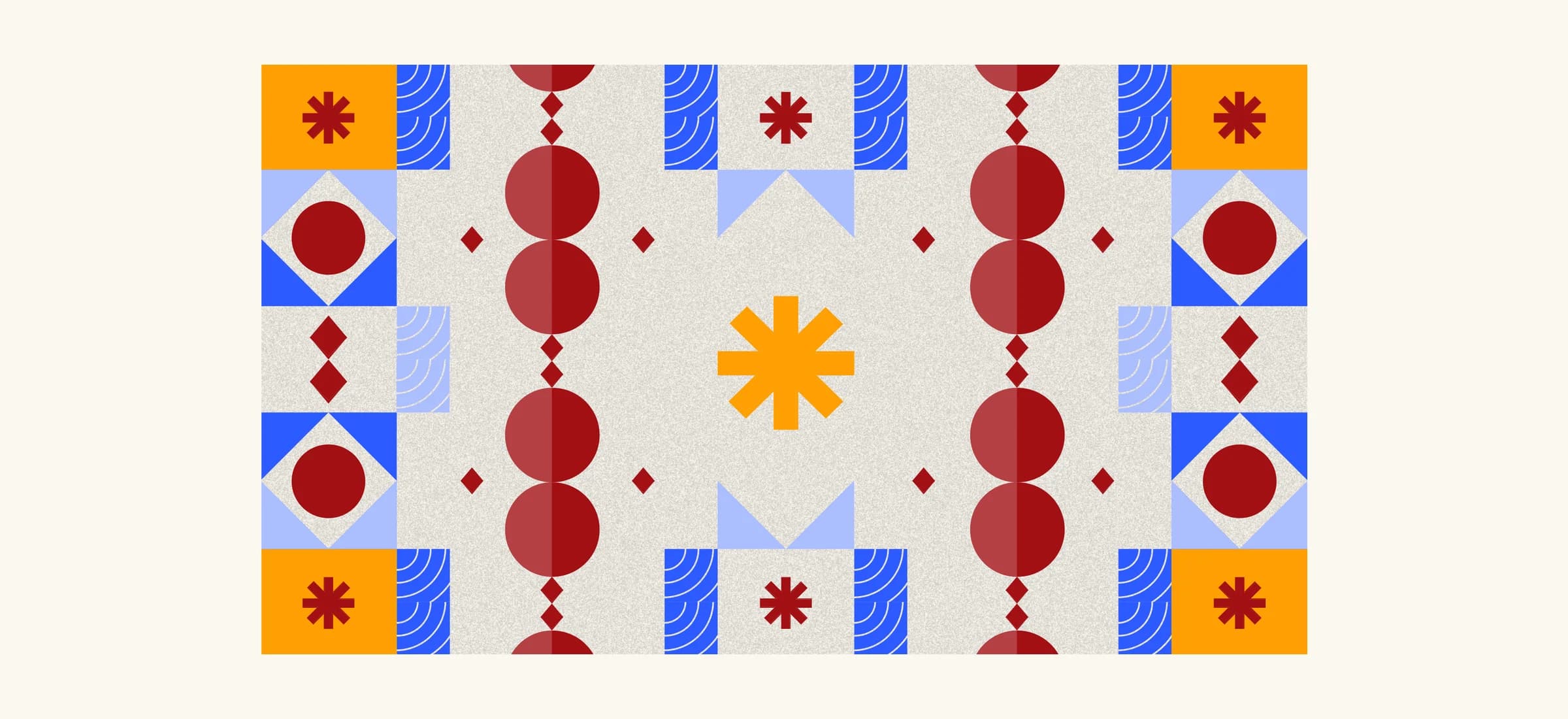 A LUMSx pattern composed from the brand shapes in red, marigold and blue on paper