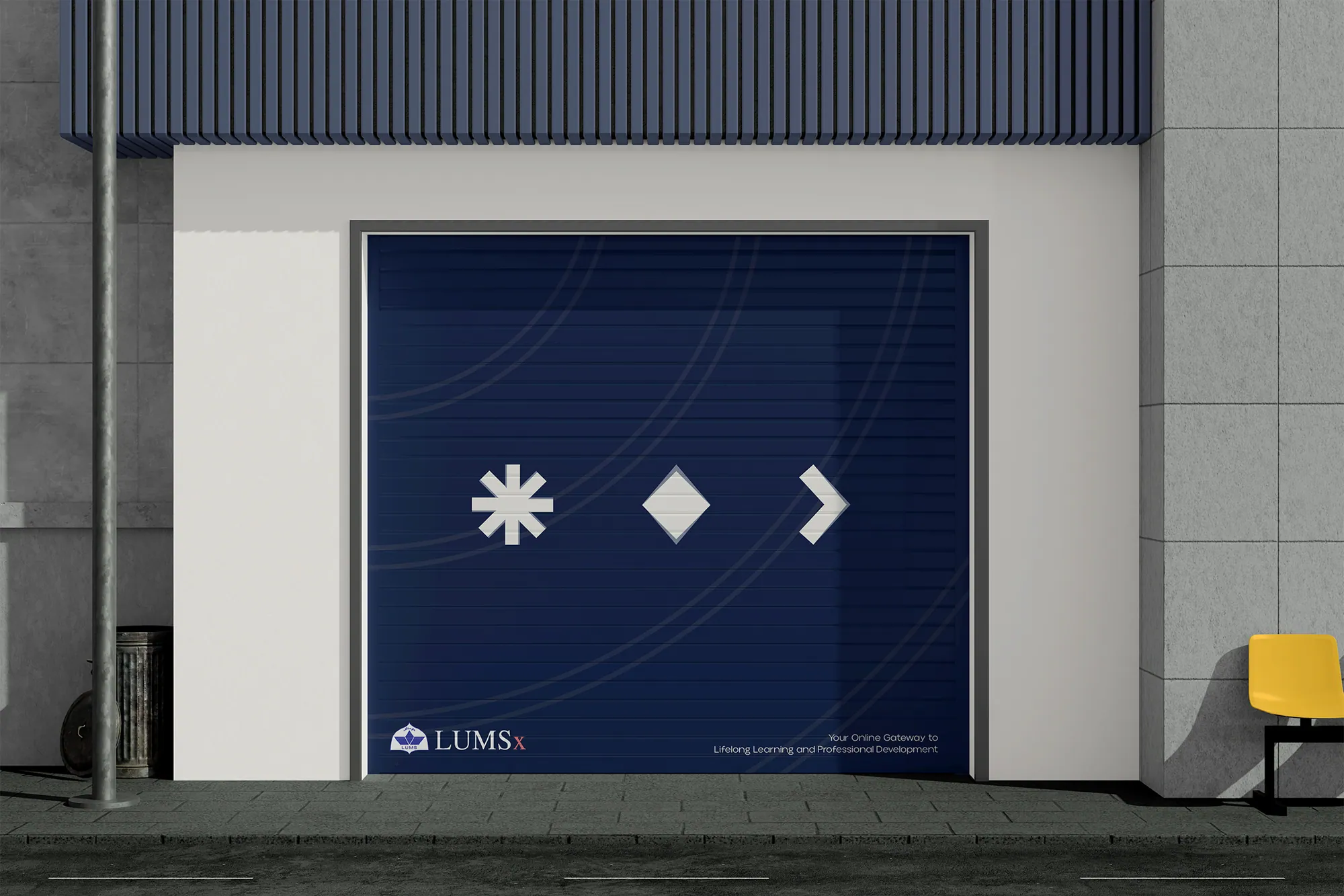 A navy shop shutter painted with three LUMSx shapes and the logo
