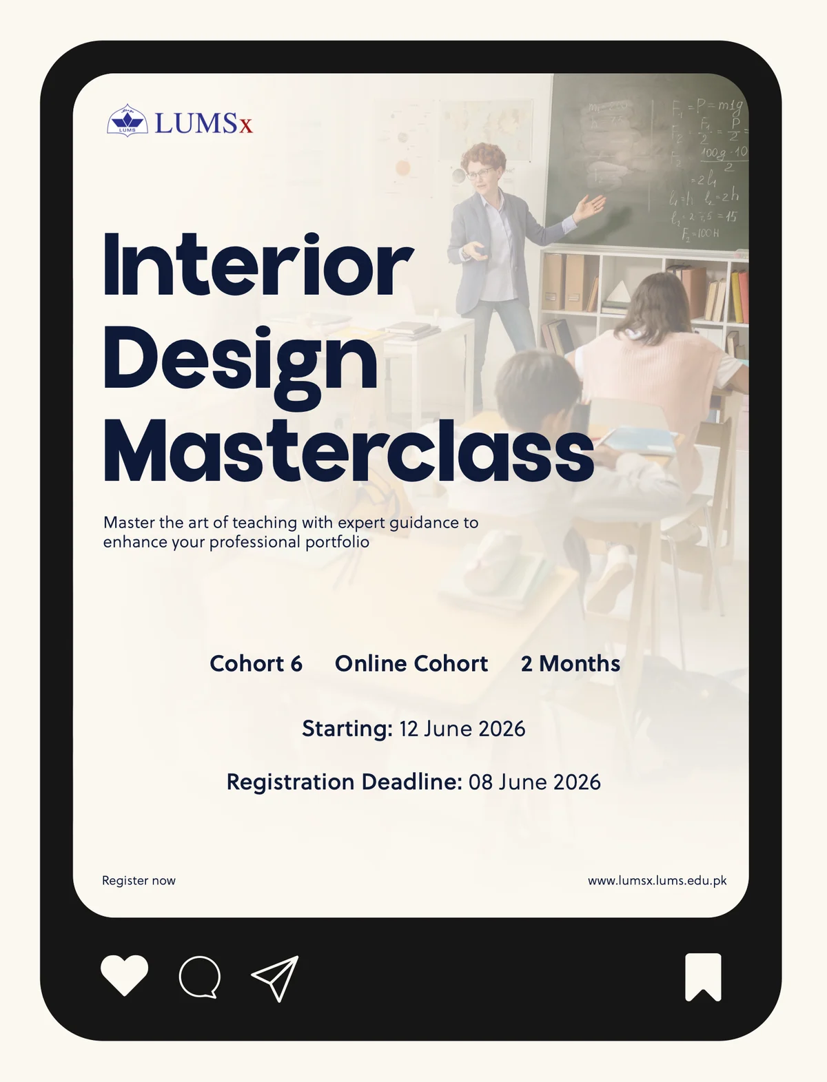 Post: Interior Design Masterclass, cohort 6, online, with dates, on paper