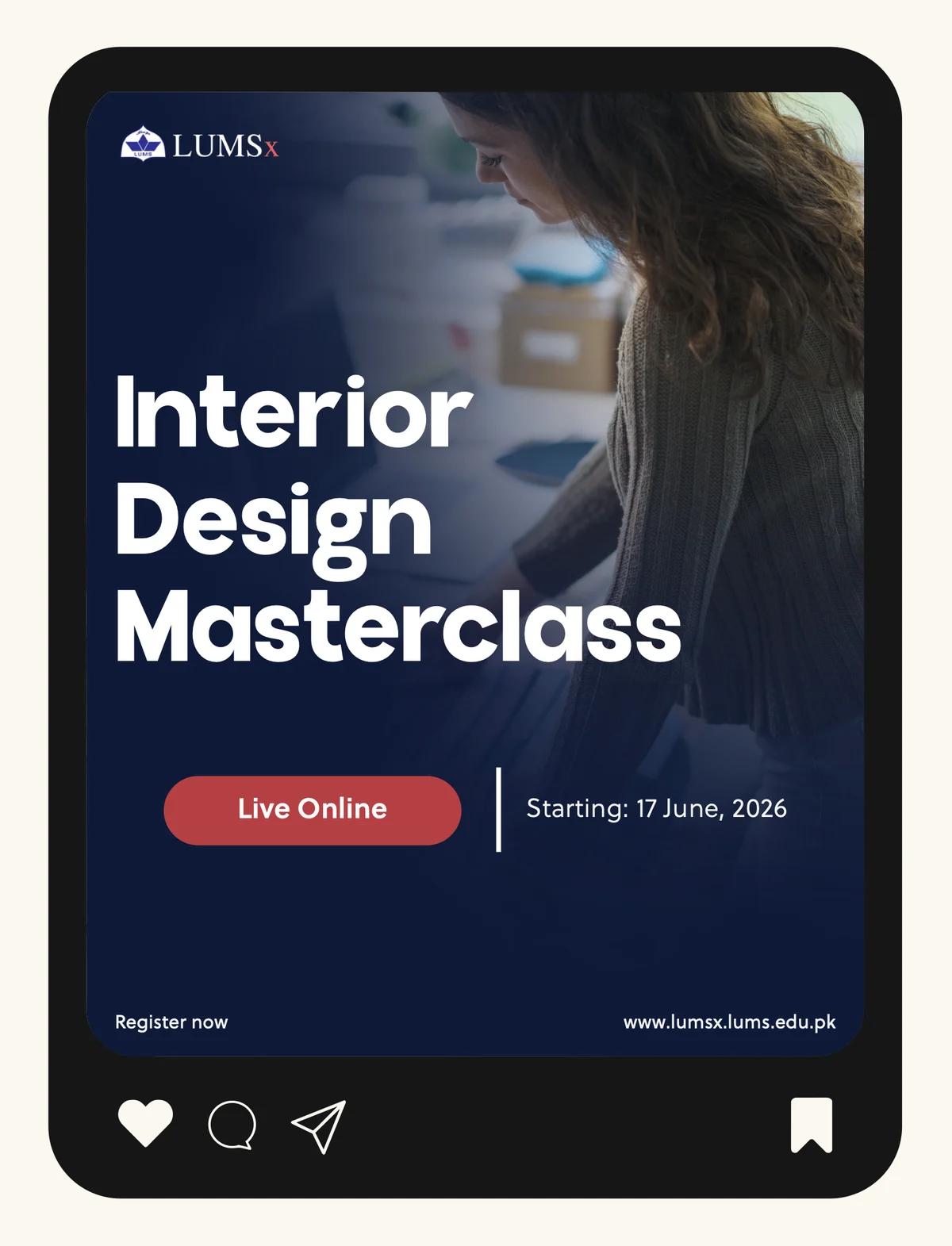 Post: Interior Design Masterclass on navy, Live Online, starting 17 June