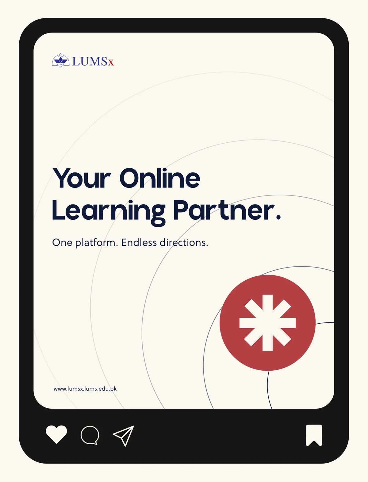 Post: “Your Online Learning Partner. One platform. Endless directions.” with a red asterisk shape