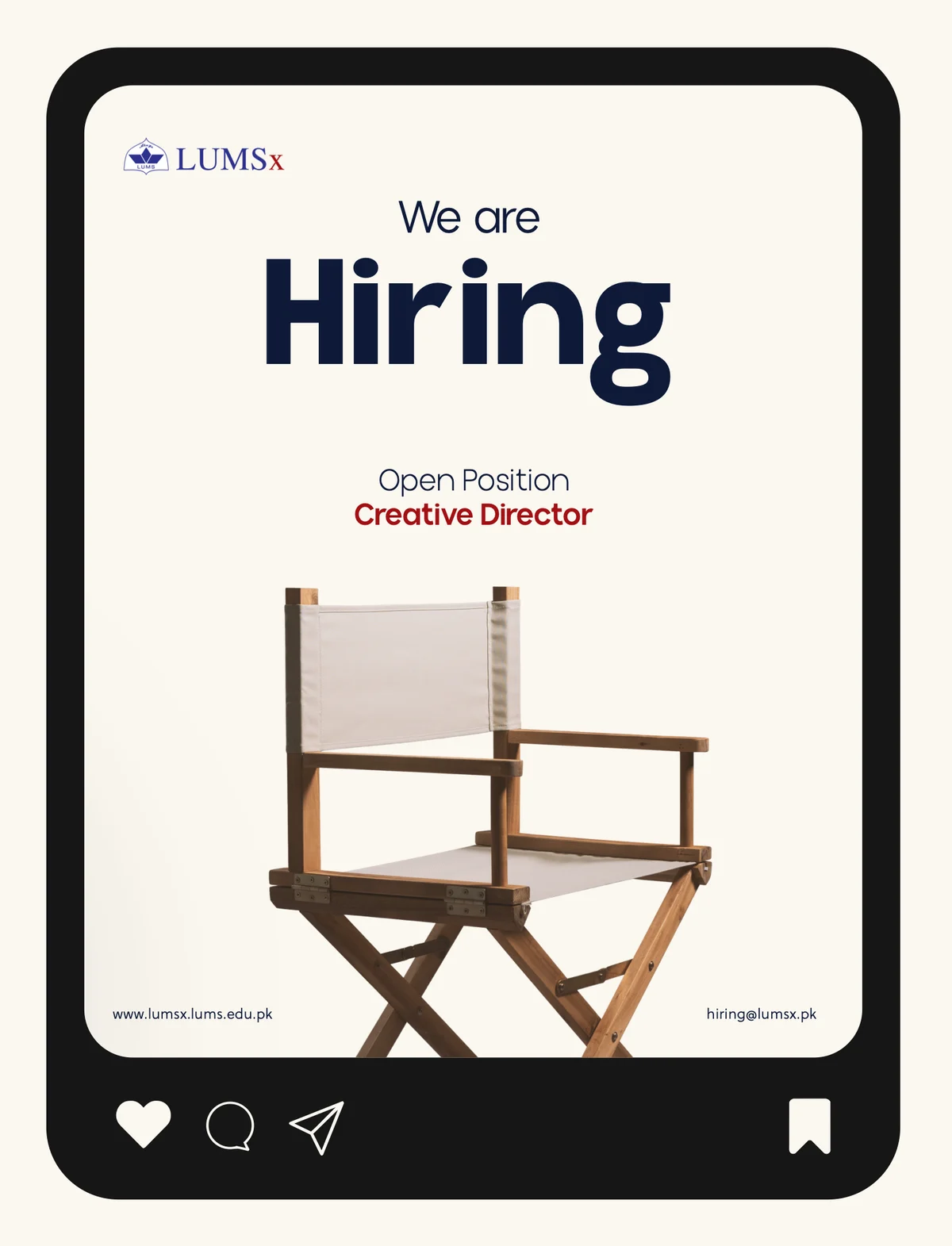 Post: “We are Hiring”, Creative Director, with a director’s chair