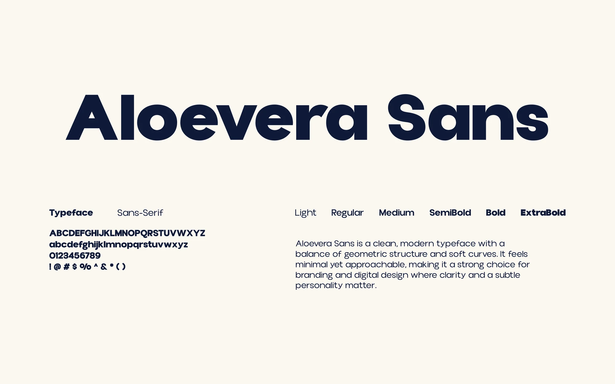 Type specimen: Aloevera Sans, the display face, with its weights from Light to ExtraBold