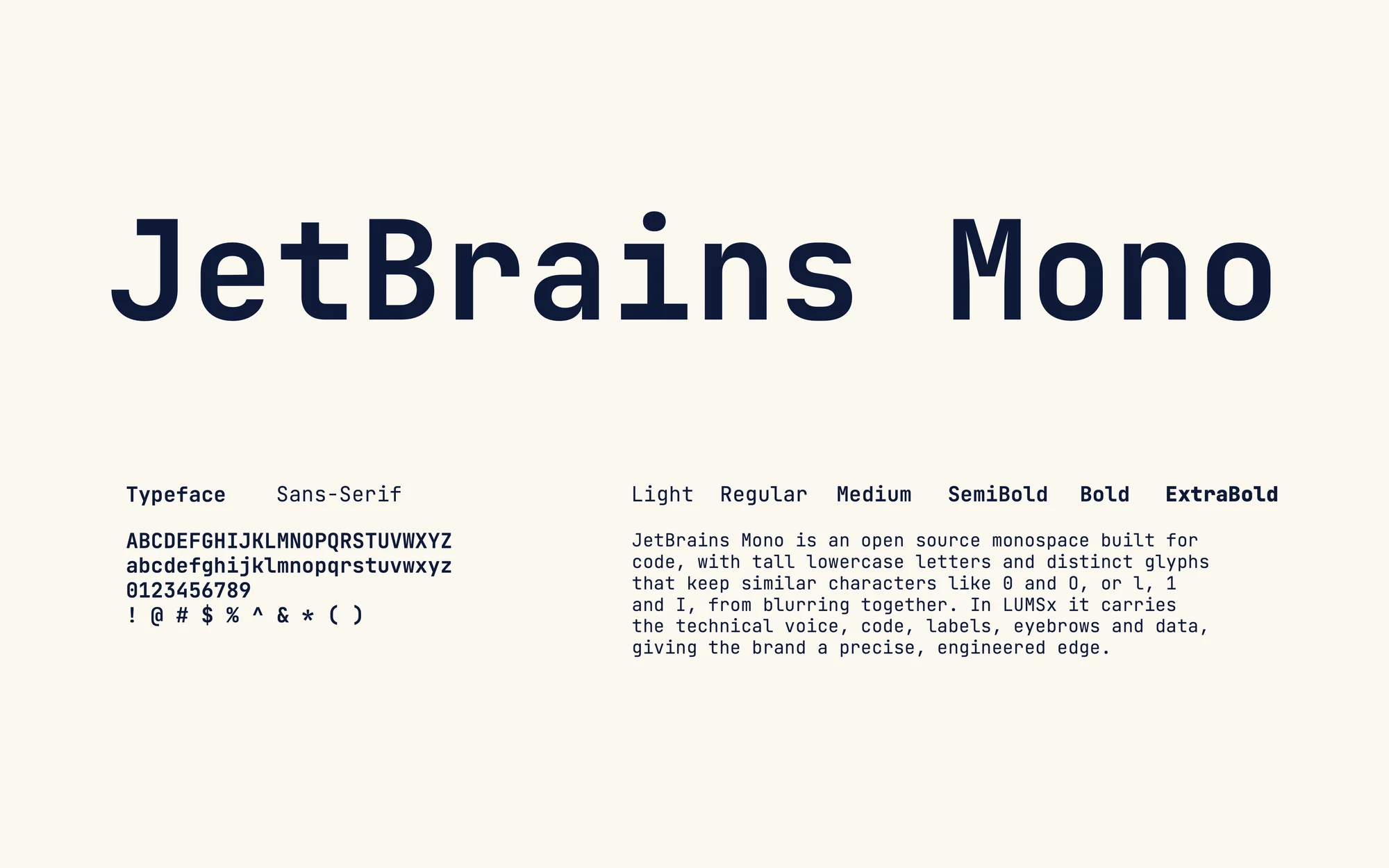 Type specimen: JetBrains Mono, for labels, captions and data
