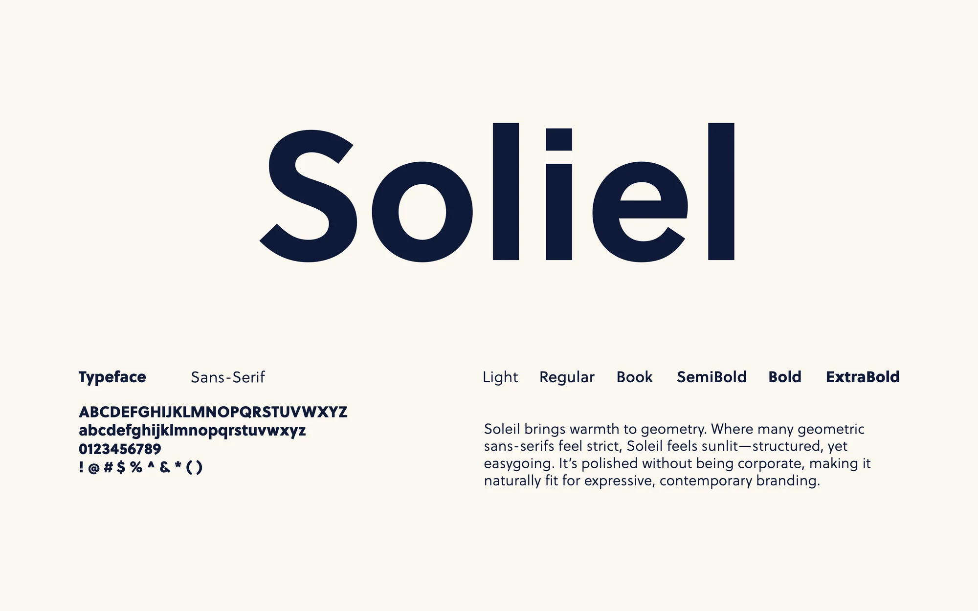 Type specimen: Soleil, the face for body copy, with its weights
