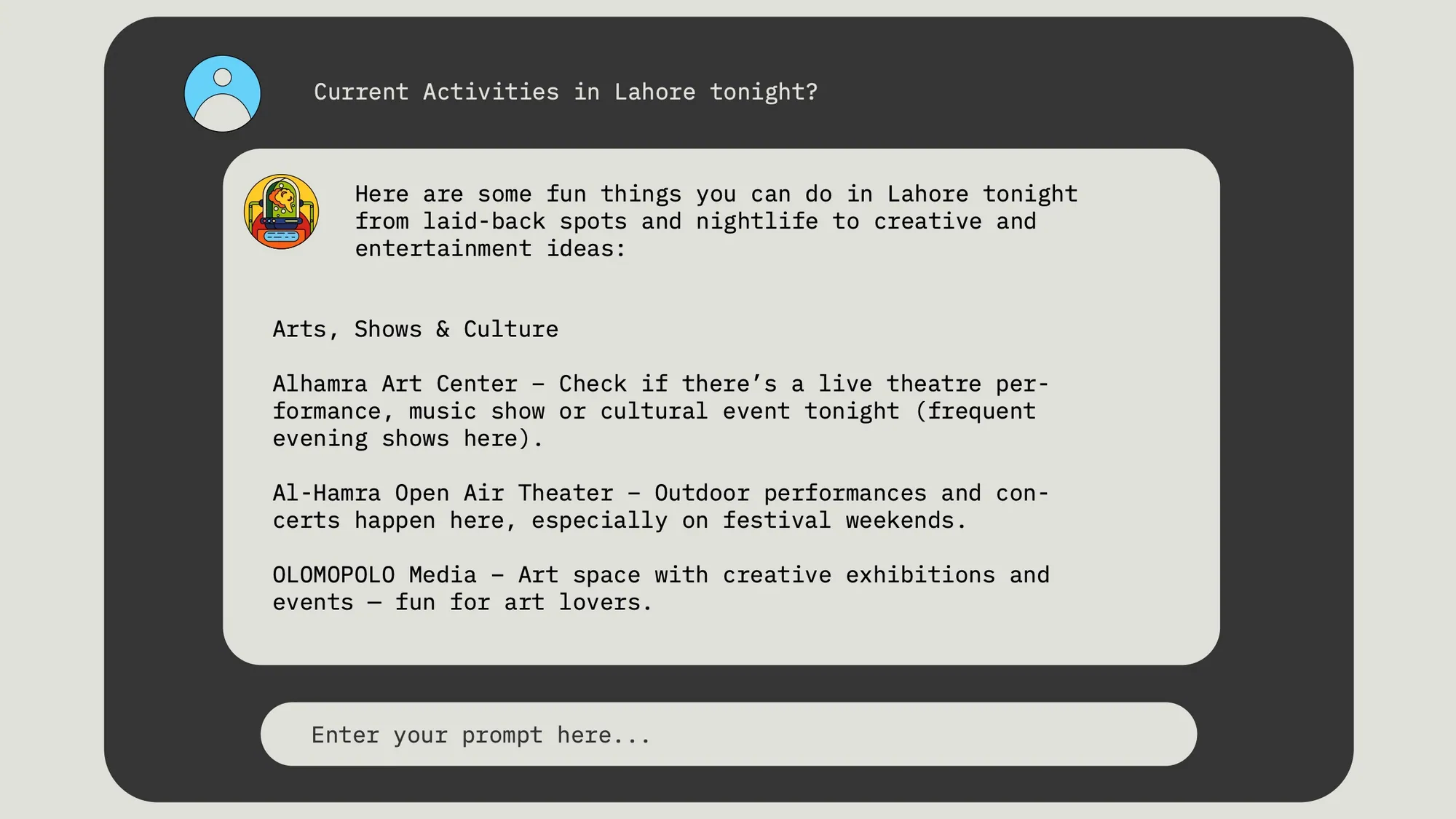 A demo screen for AI chats: a question, the answer in mono type and a prompt field below