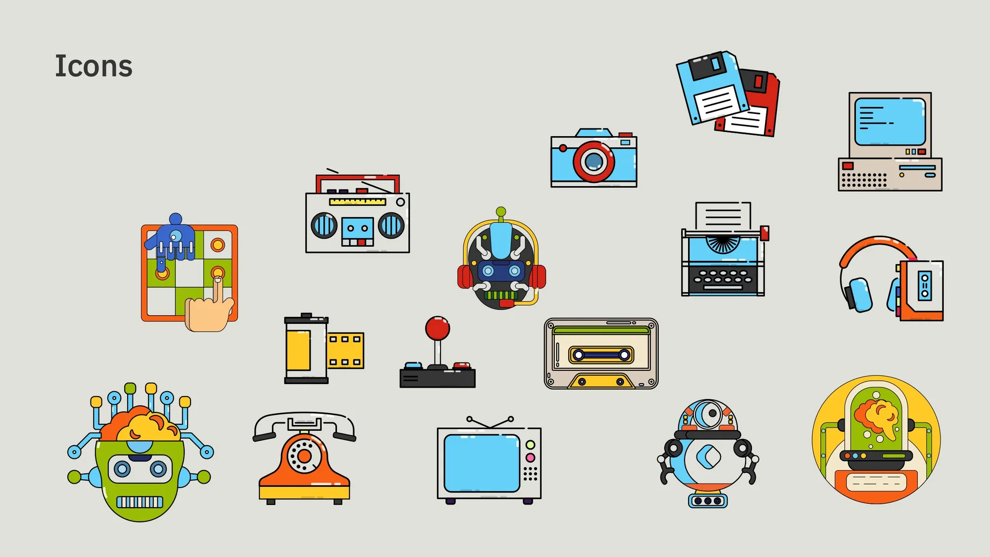 The icon set: retro computers, cassettes, cameras, robots and telephones in flat colour on cream